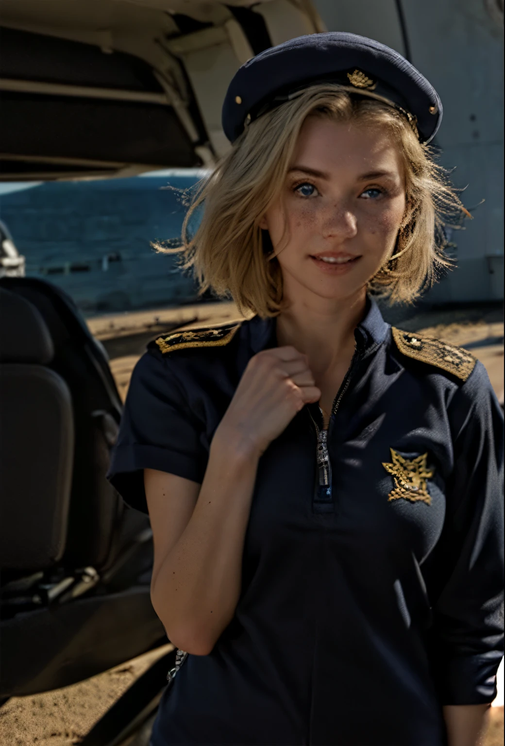A 21-year-old girl named Kate, with short blonde hair, beautiful medium-sized breasts, 1.60m tall, with a British white style, and light blue eyes. Kate is beautiful, with an angelic face, and has freckles on her nose area. She is wearing a dark navy blue commercial female pilot uniform, with a commercial pilot cap on her head. Kate is standing in the aisle of a commercial airplane, with the airplane's aisle in the background.