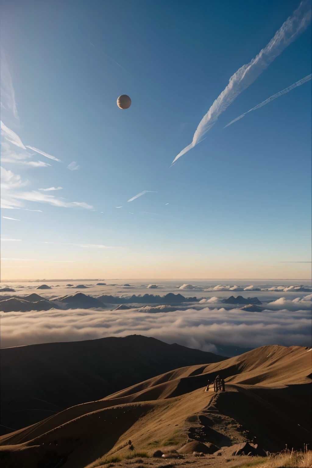 A photo of various unknown large planets scattered across the sky on a cloudless day in the morning. / When looking at the sky from the ground
