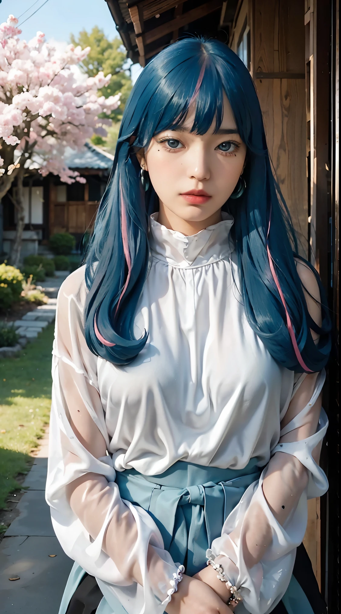 eida, long hair, bangs, blue eyes, very long hair, blue hair, pink hair, multicolored hair, earrings, blunt bangs, two-tone hair, streaked hair, beautiful, beautiful woman, perfect body, perfect breasts, wearing a kimono, showing shoulders, wearing earrings, wearing a watch, being in the garden, cherry trees, traditional Japanese house, looking at the viewer, a slight smile, realism, masterpiece, textured leather, super detailed, high detail, high quality, best quality, 1080p, 16k, showing shoulder