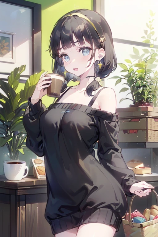 (perky chest:1.2), (pointed chest:1.2),(((Black Tunic:1.3))),(((cakes and bread in the basket),Cute and beautiful girl,Cute round face,Cute smile,with blush cheeks,Red Lip,solo, looking at viewer, open mouth, have a cute grass of cute beergrass,black hair, dark green eyes, dress, bare shoulders, jewelry, collarbone, sidelocks, hairband, earrings, indoors, off shoulder, sweater, arms behind back, plant, short hair with long locks, gild hairband, off-shoulder dress, sweater dress, off-shoulder sweater, black sweater, dark gord hair, big side hair, very long side hair,is rendered in (masterpiece: 1.2, best quality), with (ultra high resolution) and an exquisite (depth of field),(Bangs are see-through bangs),hair pin,hair adornments,detailed clothes features,Detailed hair features,detailed facial features,(Dynamic angles),(Dynamic and sexy poses),Cinematic Light,(masutepiece,top-quality,Ultra-high resolution) ,(The 8k quality,Anatomically accurate facial structure,),(Sea Art 2 Mode:1.3),(Image Mode Ultra HD) ,(Hold a coffee in your hand:1.3),delicate beautiful face, Bright blue eyes, cute eyes, sparkling eyes, Big eyes, (perky chest:1.1), (pointed chest:1.3), looking at viewer,