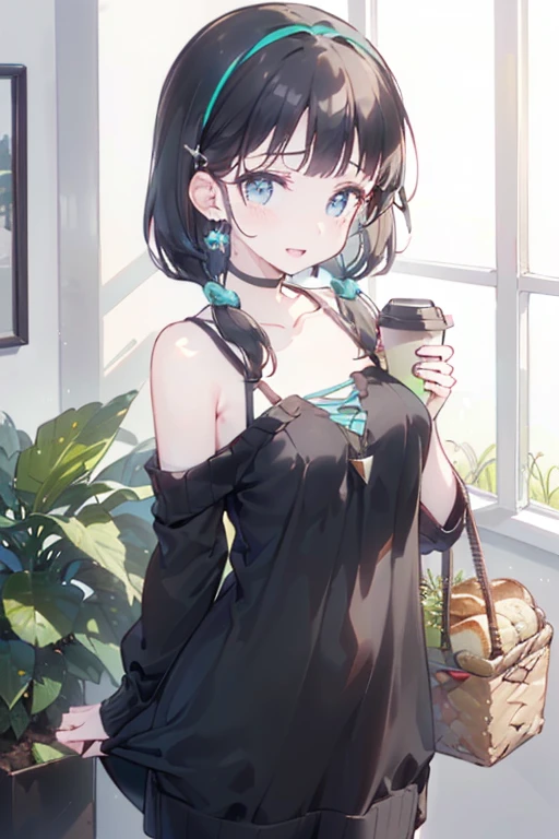 (perky chest:1.2), (pointed chest:1.2),(((Black Tunic:1.3))),(((cakes and bread in the basket),Cute and beautiful girl,Cute round face,Cute smile,with blush cheeks,Red Lip,solo, looking at viewer, open mouth, have a cute grass of cute beergrass,black hair, dark green eyes, dress, bare shoulders, jewelry, collarbone, sidelocks, hairband, earrings, indoors, off shoulder, sweater, arms behind back, plant, short hair with long locks, gild hairband, off-shoulder dress, sweater dress, off-shoulder sweater, black sweater, dark gord hair, big side hair, very long side hair,is rendered in (masterpiece: 1.2, best quality), with (ultra high resolution) and an exquisite (depth of field),(Bangs are see-through bangs),hair pin,hair adornments,detailed clothes features,Detailed hair features,detailed facial features,(Dynamic angles),(Dynamic and sexy poses),Cinematic Light,(masutepiece,top-quality,Ultra-high resolution) ,(The 8k quality,Anatomically accurate facial structure,),(Sea Art 2 Mode:1.3),(Image Mode Ultra HD) ,(Hold a coffee in your hand:1.3),delicate beautiful face, Bright blue eyes, cute eyes, sparkling eyes, Big eyes, (perky chest:1.1), (pointed chest:1.3), looking at viewer,