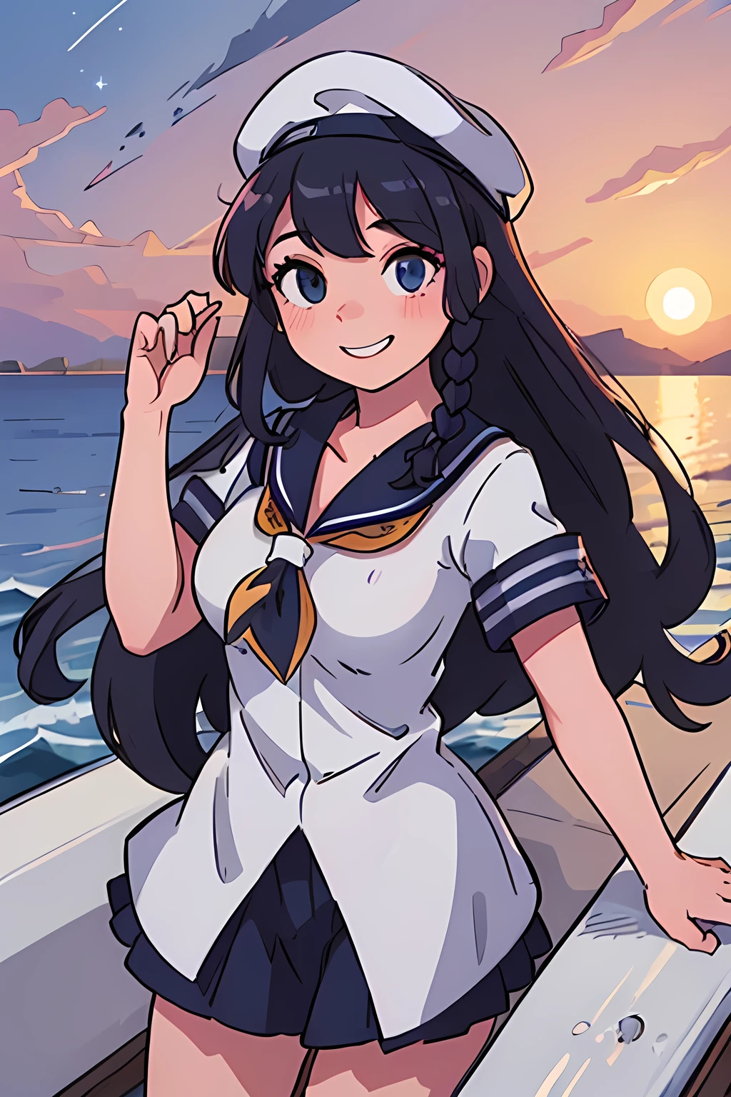(High quality, High resolution, Fine details), Realistic, (navy), Sail ships, prow, Sunset, Sparkling water, white clouds, Solo, Slim woman, navy sailor hat, navy blue sailor uniform, Braided hair, Sparkling eyes, (Detailed eyes), Smile, Sweat, Oily skin, covered gigantic breasts, Hi3GB