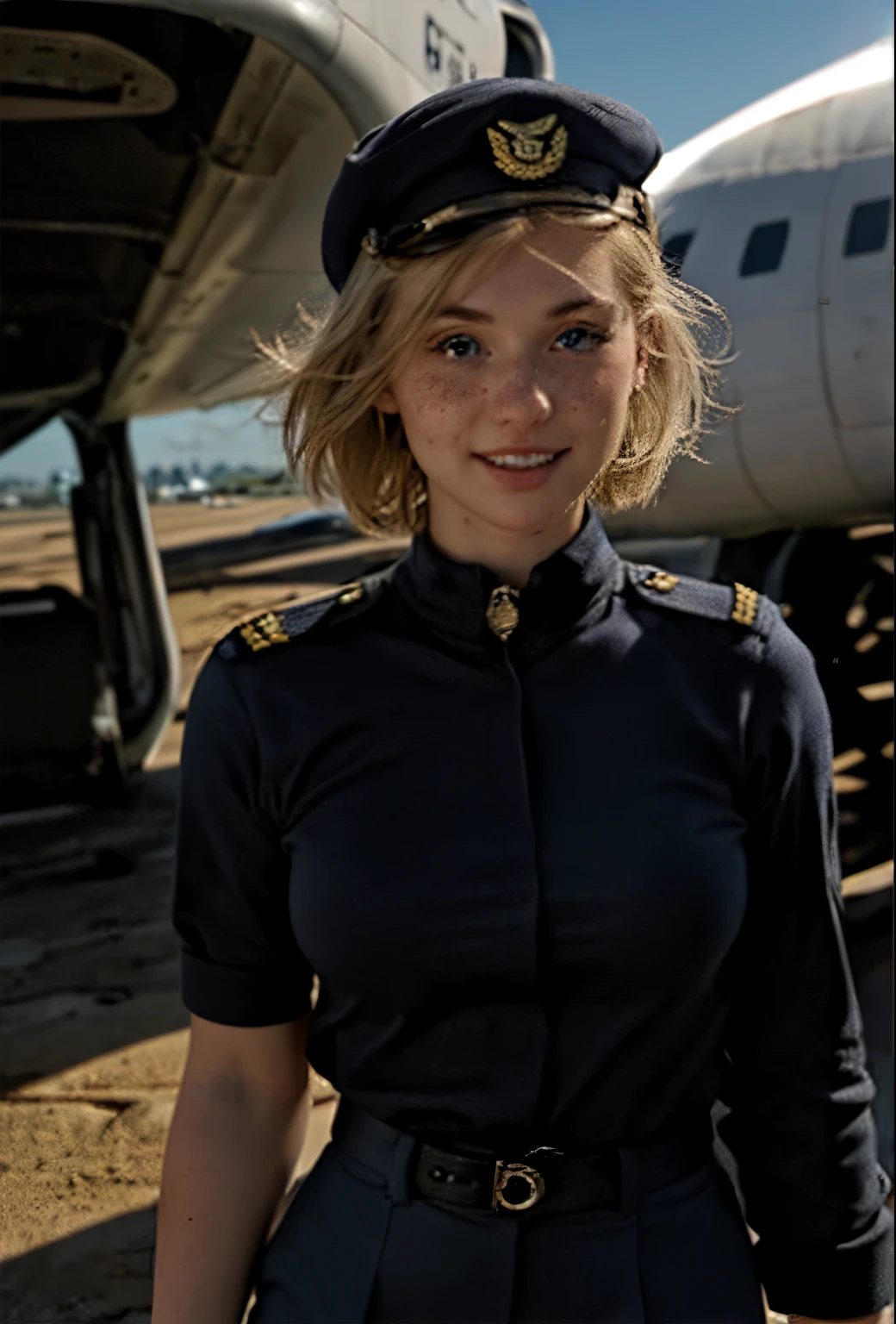 A 21-year-old girl named Kate, with short blonde hair, beautiful medium-sized breasts, 1.60m tall, with a British white style, and light blue eyes. Kate is beautiful, with an angelic face, and has freckles on her nose area. She is wearing a dark navy blue commercial female pilot uniform, with a commercial pilot cap on her head. Kate is standing in the aisle of a commercial airplane, with the airplane's aisle in the background.