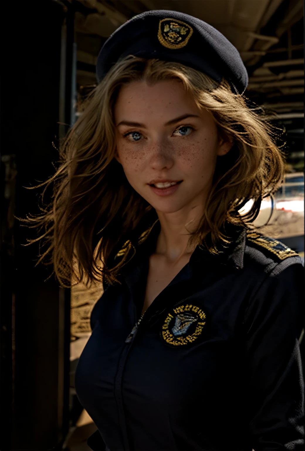 A 21-year-old girl named Kate, with short blonde hair, beautiful medium-sized breasts, 1.60m tall, with a British white style, and light blue eyes. Kate is beautiful, with an angelic face, and has freckles on her nose area. She is wearing a dark navy blue commercial female pilot uniform, with a commercial pilot cap on her head. Kate is standing in the aisle of a commercial airplane, with the airplane's aisle in the background.
