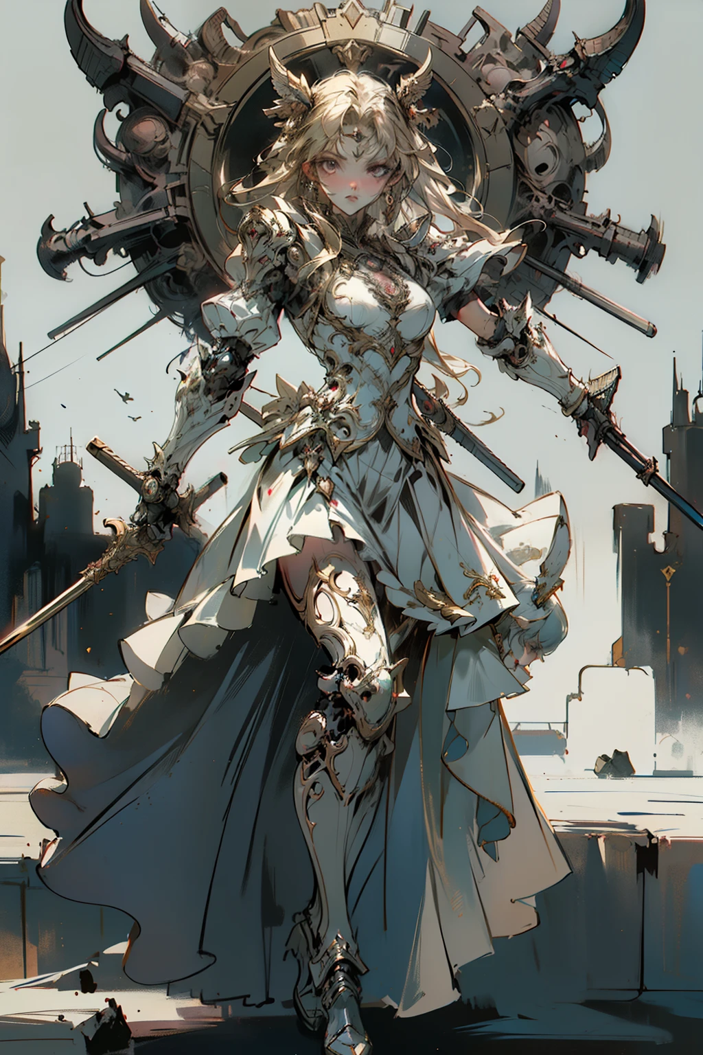 ((best quality)), ((masterpiece)), (detailed), perfect face official art, unity 8k wallpaper, ultra detailed, beautiful and aesthetic, masterpiece, best quality, (zentangle, mandala, tangle, entangle), (fractal art:1.3) , 1girl, extremely detailed, dynamic angle, cowboyshot, the most beautiful form of chaos, elegant, a brutalist designed, vivid colours, romanticism, Bloodborne inspired,  occult aesthetic, occult, detailed and intricate steampunk and detailed gothic, NSFW, Very dramatic and cinematic lighting, cosmic horror, grim-dark, side-lighting, perfect face, a beaituful goddess valkyrie adorned and enshrined in armour, Bloodborne inspired valkyrie, occult aesthetic valkyrie, occult valkyrie, detailed and intricate steampunk and detailed gothic valkyrie, wielding a sword and holding a shield, NSFW, Fluttering lace flared long knee length dress with frilly petticoats, knee length dress, pleated petticoats, lolita dress, petticoats gothic lolita, side-lighting, gothic lolita aesthetic, beautiful small breasts, small breasts, full body, whole body, body, NSFW, full body, whole body, head-to-toe, Vivid colors, detailed armor, engraved metallic armor white and black with gold ascents , intricate designs on the armor, intricate armor engravings, imposing and powerful stance, fierce , flowing hair, dynamic pose, intense battle scene, fantasy setting, vibrant colors, dramatic lighting, epic atmosphere, mythical creatures in the background, magical effects surrounding the sword, attention to anatomy and facial features, iconic use of highlights and shadows, capturing emotion, masterful composition, portraying strong female characters