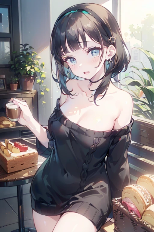 (perky chest:1.2), (pointed chest:1.2),(((Black Tunic:1.3))),(((cakes and bread in the basket),Cute and beautiful girl,Cute round face,Cute smile,with blush cheeks,Red Lip,solo, looking at viewer, open mouth, have a cute grass of cute beergrass,black hair, dark green eyes, dress, bare shoulders, jewelry, collarbone, sidelocks, hairband, earrings, indoors, off shoulder, sweater, arms behind back, plant, short hair with long locks, gild hairband, off-shoulder dress, sweater dress, off-shoulder sweater, black sweater, dark gord hair, big side hair, very long side hair,is rendered in (masterpiece: 1.2, best quality), with (ultra high resolution) and an exquisite (depth of field),(Bangs are see-through bangs),hair pin,hair adornments,detailed clothes features,Detailed hair features,detailed facial features,(Dynamic angles),(Dynamic and sexy poses),Cinematic Light,(masutepiece,top-quality,Ultra-high resolution) ,(The 8k quality,Anatomically accurate facial structure,),(Sea Art 2 Mode:1.3),(Image Mode Ultra HD) ,(Hold a coffee in your hand:1.3),delicate beautiful face, Bright blue eyes, cute eyes, sparkling eyes, Big eyes, (perky chest:1.1), (pointed chest:1.3), looking at viewer,
