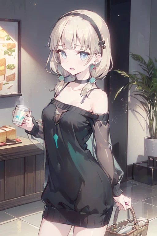 (perky chest:1.2), (pointed chest:1.2),(((Black Tunic:1.3))),(((cakes and bread in the basket),Cute and beautiful girl,Cute round face,Cute smile,with blush cheeks,Red Lip,solo, looking at viewer, open mouth, have a cute grass of cute beergrass,black hair, dark green eyes, dress, bare shoulders, jewelry, collarbone, sidelocks, hairband, earrings, indoors, off shoulder, sweater, arms behind back, plant, short hair with long locks, gild hairband, off-shoulder dress, sweater dress, off-shoulder sweater, black sweater, dark gord hair, big side hair, very long side hair,is rendered in (masterpiece: 1.2, best quality), with (ultra high resolution) and an exquisite (depth of field),(Bangs are see-through bangs),hair pin,hair adornments,detailed clothes features,Detailed hair features,detailed facial features,(Dynamic angles),(Dynamic and sexy poses),Cinematic Light,(masutepiece,top-quality,Ultra-high resolution) ,(The 8k quality,Anatomically accurate facial structure,),(Sea Art 2 Mode:1.3),(Image Mode Ultra HD) ,(Hold a coffee in your hand:1.3),delicate beautiful face, Bright blue eyes, cute eyes, sparkling eyes, Big eyes, (perky chest:1.1), (pointed chest:1.3), looking at viewer,