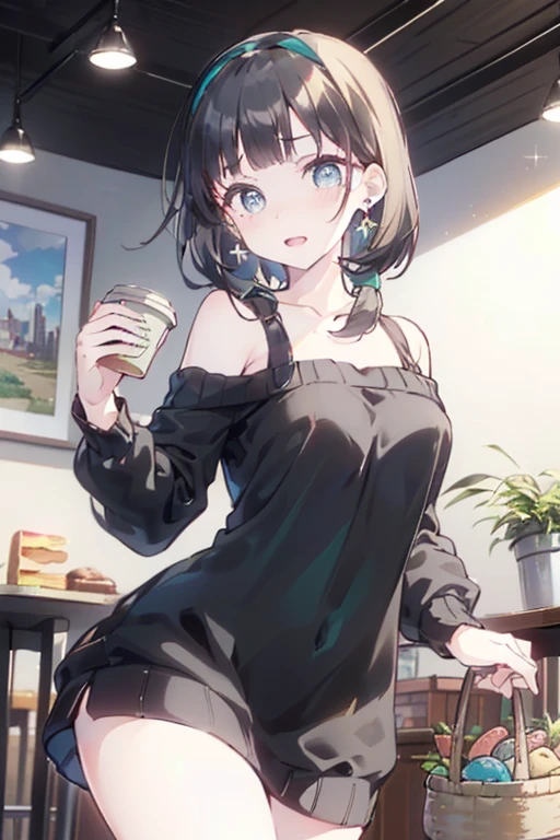 (small breasts:1.3), (perky chest:1.1), (pointed chest:1.0), (vegitable magazine cover:1.3),(from below:1.2),(from side:0.9),masterpiece, a 18yo girl, Amazing Cleavage:1.1, thin waist, big ass, Raised sexy, small breast: 1.3, posed cleavage:1.2, open mouth, have a cute grass of cute beergrass,black hair, dark green eyes, dress, bare shoulders, jewelry, collarbone, sidelocks, hairband, earrings, indoors, off shoulder sweater:1.1, arms behind back, plant, short hair with long locks, gild hairband, off-shoulder dress, sweater dress, off-shoulder sweater, red sweater, dark gord hair, big side hair, very long side hair,is rendered in (masterpiece: 1.2, best quality), with (ultra high resolution) and an exquisite (depth of field). This masterpiece is not only visually stunning but also tells,A scene of cooking in the kitchen by classroom,looking at viewer,