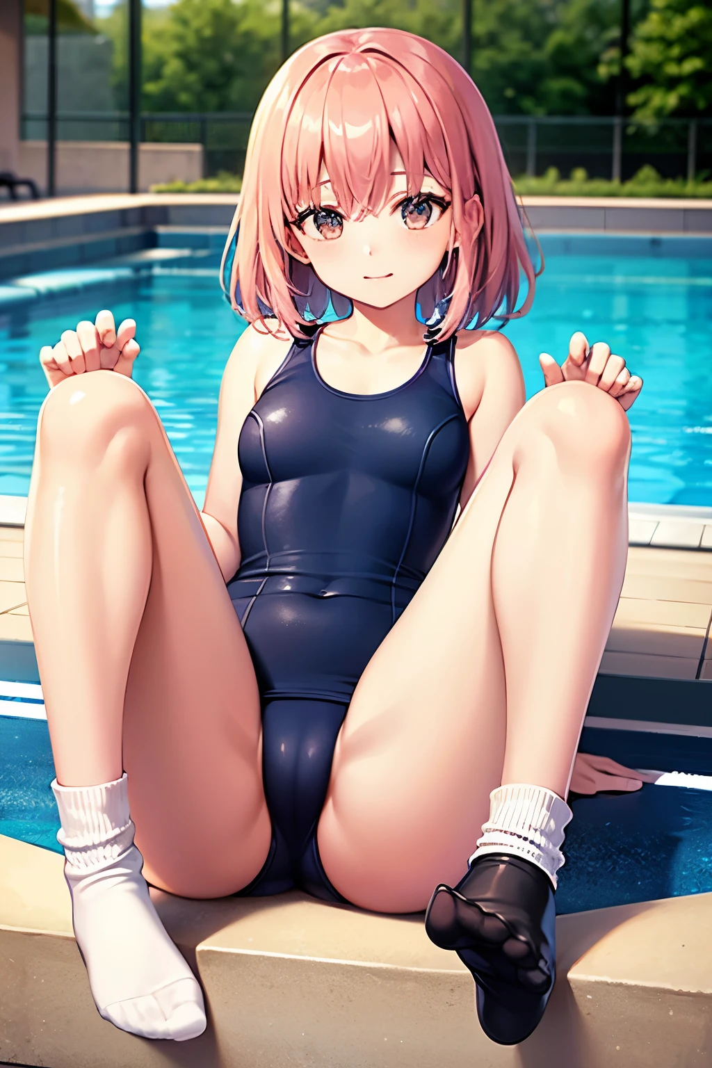 ((highest quality)), ((Perfect hands)),((Perfect legs)),(Super detailed),girl,Navy blue school swimsuit,(Lift your legs),Y-balance pose,Poolside,Japan School Pool,Open your legs towards the photographer,latex,Water Drop,Socks up to the knee,Knee-high socks,Pink Hair,Side Tail