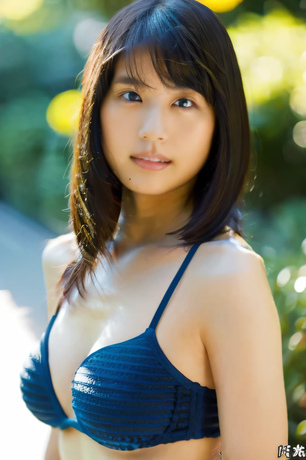 Woman posing for a photo,The most beautiful Japanese models, 22-year-old female model, 4K、bangs、Black-haired, Slightly longer bob hair, Mid-length hair, Straight hair,blue micro bikini:1.8,Slim and beautiful figure, sexy, Beautiful breasts, Small breasts,Narrow waist、The background is an empty park, (highest quality, masterpiece, Super detailed, Ultra-high resolution, Realistic), The underboob is visible:1.7,In focus:1.6、Side boobs are visible:1.8