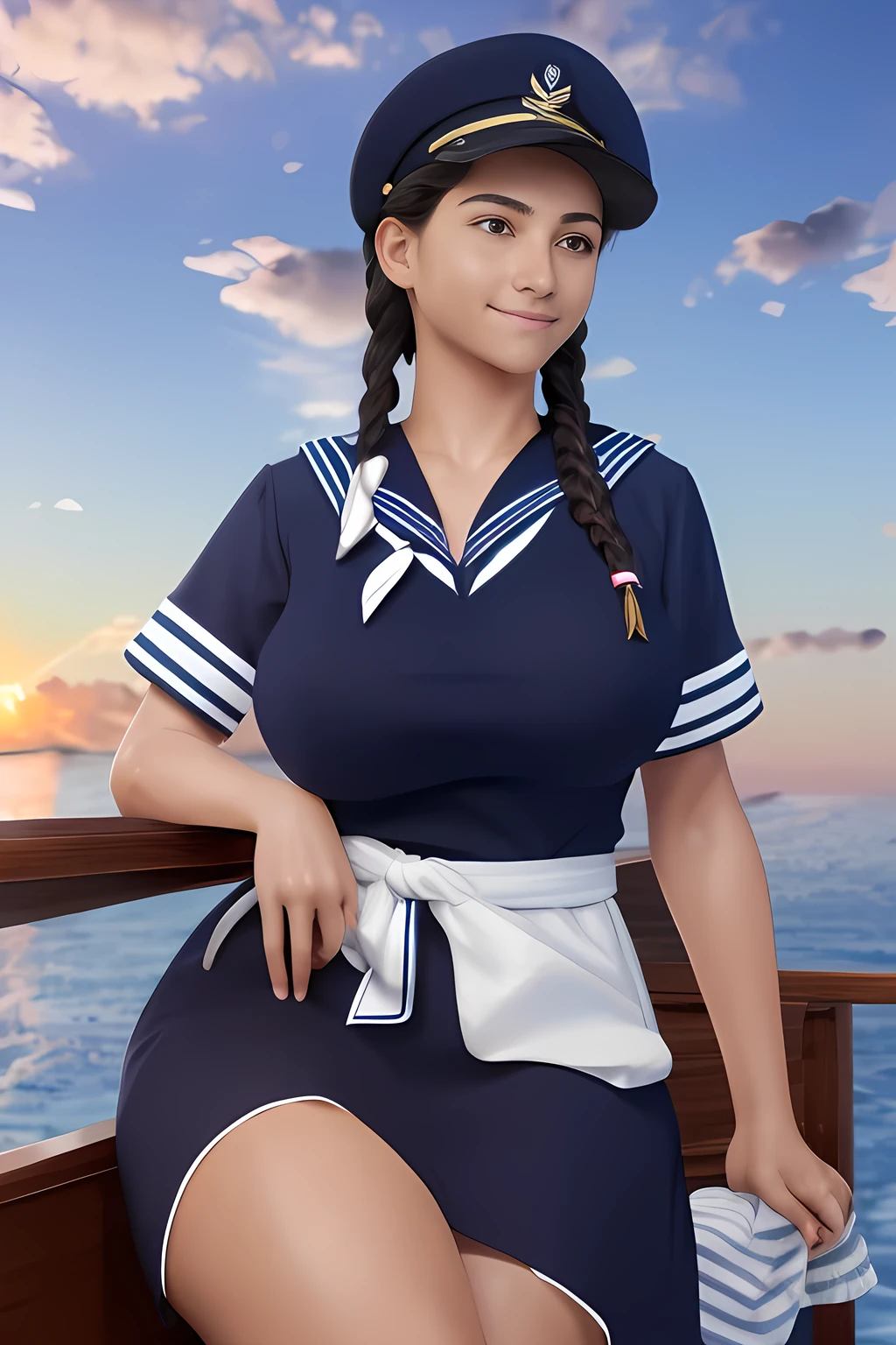 (High quality, High resolution, Fine details), Realistic, (navy), Sail ships, prow, Sunset, Sparkling water, white clouds, Solo, Slim woman, navy sailor hat, navy blue sailor uniform, Braided hair, Sparkling eyes, (Detailed eyes), Smile, Sweat, Oily skin, covered gigantic breasts, Hi3GB