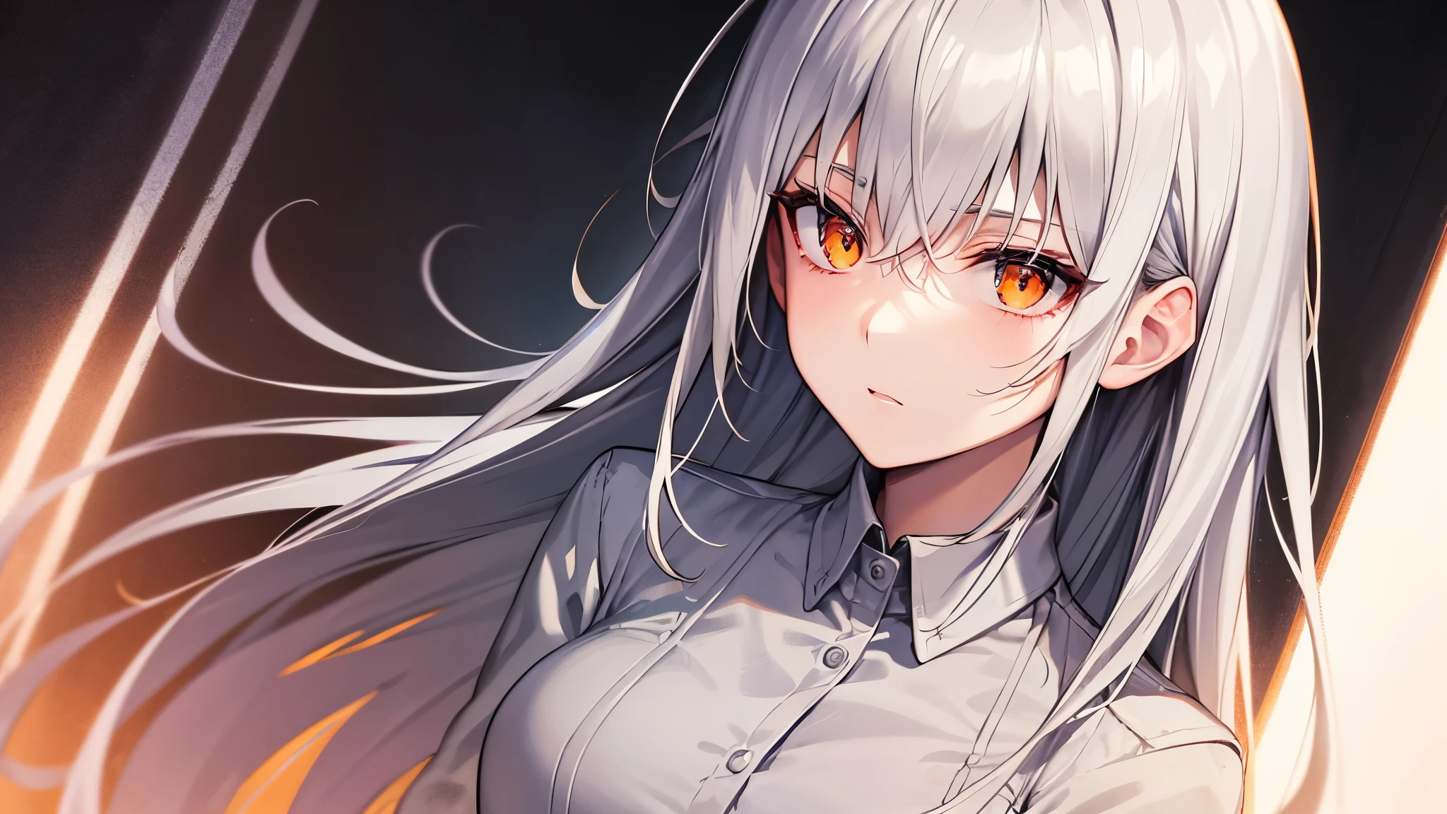 highest quality, 8k, 4K, High resolution, (Beautifully detailed face), High Contrast, office, 1 girl, Gray Hair, Orange eyes, suit,A sense of tragedy,Anguished, Upper Body