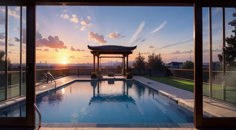 (8K), (Best Quality), (Mastepiece: 1.2) Sunset landscape, sunset,Pool,Visible from the window, Spartan room、 Against the backdrop of ruins