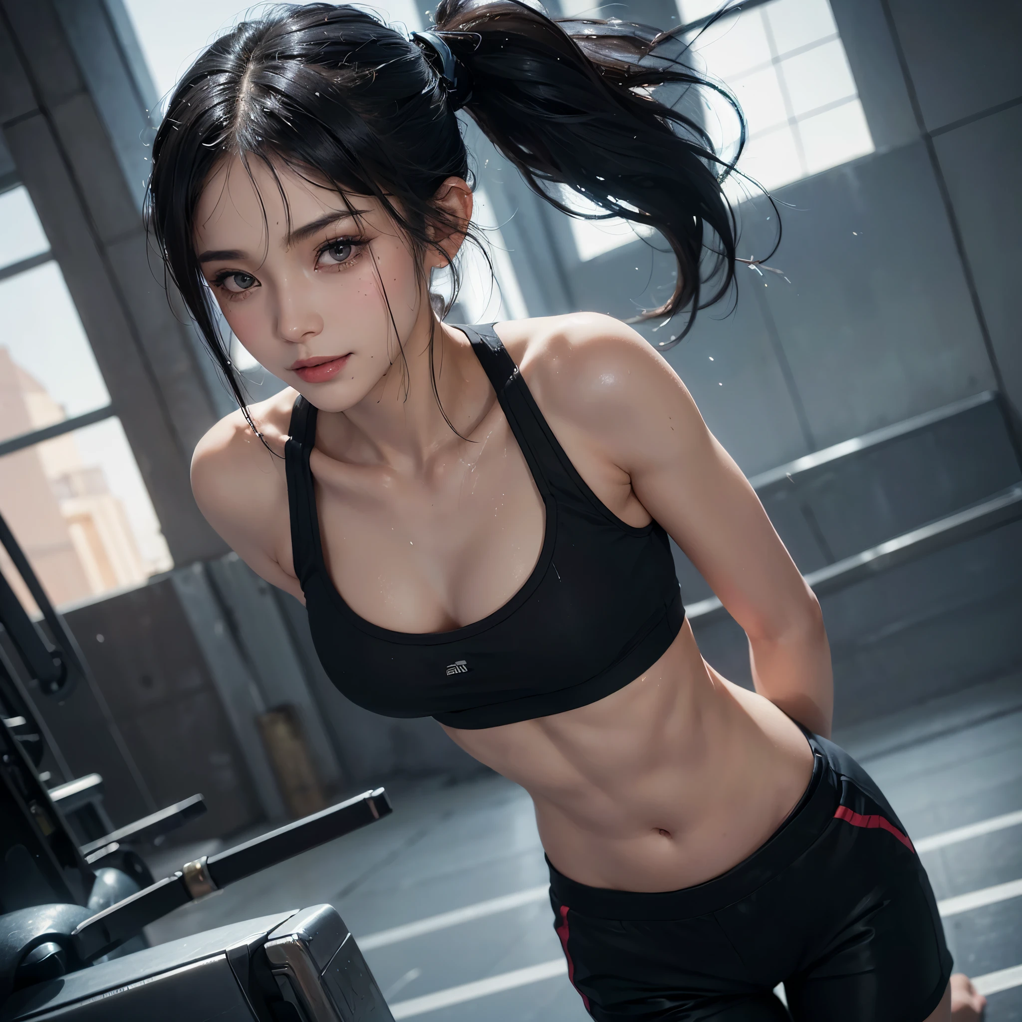 (1 Sexy Woman, Solo, Black Hair, Wet Hair, Ponytail, sports wear, sports bra, short pants, gym, Smile:1.4), top-quality, ultra-detailliert,​ masterpiece, realisitic, (Detailed Eyes, small and slightly plump lips, Beautiful Legs, Thigh, Beautiful Eyes, glossy lip, abdominals, cleavage:1.2), (Cowboy Shot:1.2), (Extremely-Close-up:1.3), (Beautiful gym, Morning), ((anatomically correct)), (Futuristic Portrait), 1 girl only, Shining ultra high resolution beautiful skin, Rim Lighting, Cinematic Light, Look at viewer, no futuro telhado de luz neon, SSCI - FI e Fantasia, intrincado e muito bonito e elegante, altamente detalhado, pintura digital, art-station, arte conceitual, smooth and sharp focus, illustration, Arte de Tan Zi e Ayanamikodon e Alphonse Mucha e Wlop