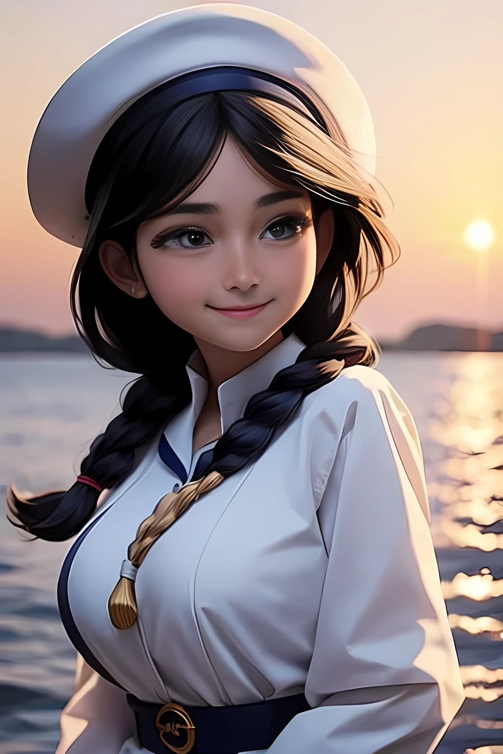(High quality, High resolution, Fine details), Realistic, (navy), Sail ships, prow, Sunset, Sparkling water, white clouds, Solo, Slim woman, navy sailor hat, navy blue sailor uniform, Braided hair, Sparkling eyes, (Detailed eyes), Smile, Sweat, Oily skin, covered gigantic breasts, Hi3GB