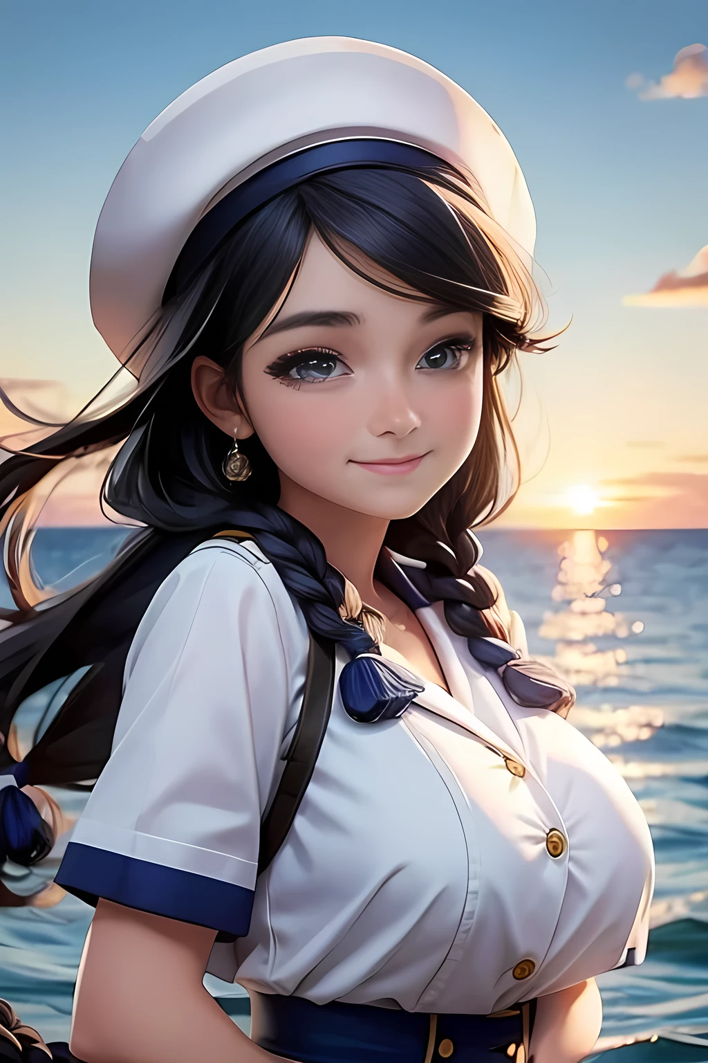 (High quality, High resolution, Fine details), Realistic, (navy), Sail ships, prow, Sunset, Sparkling water, white clouds, Solo, Slim woman, navy sailor hat, navy blue sailor uniform, Braided hair, Sparkling eyes, (Detailed eyes), Smile, Sweat, Oily skin, covered gigantic breasts, Hi3GB