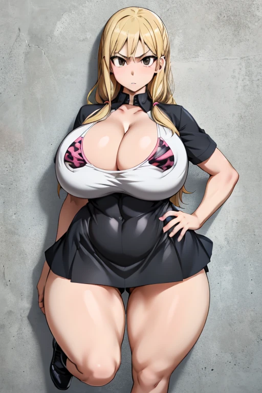 One Girl,Precise five fingers,{Knee-high socks}、(((Wide Hips)))、 (((Plump thighs)))、((Big Ass))、(Big Breasts) Embarrassed look,whole body、Long Hair、Sexy pose,Animal print、Black footwear、Black Hair、blonde、Short skirt、Cleavage