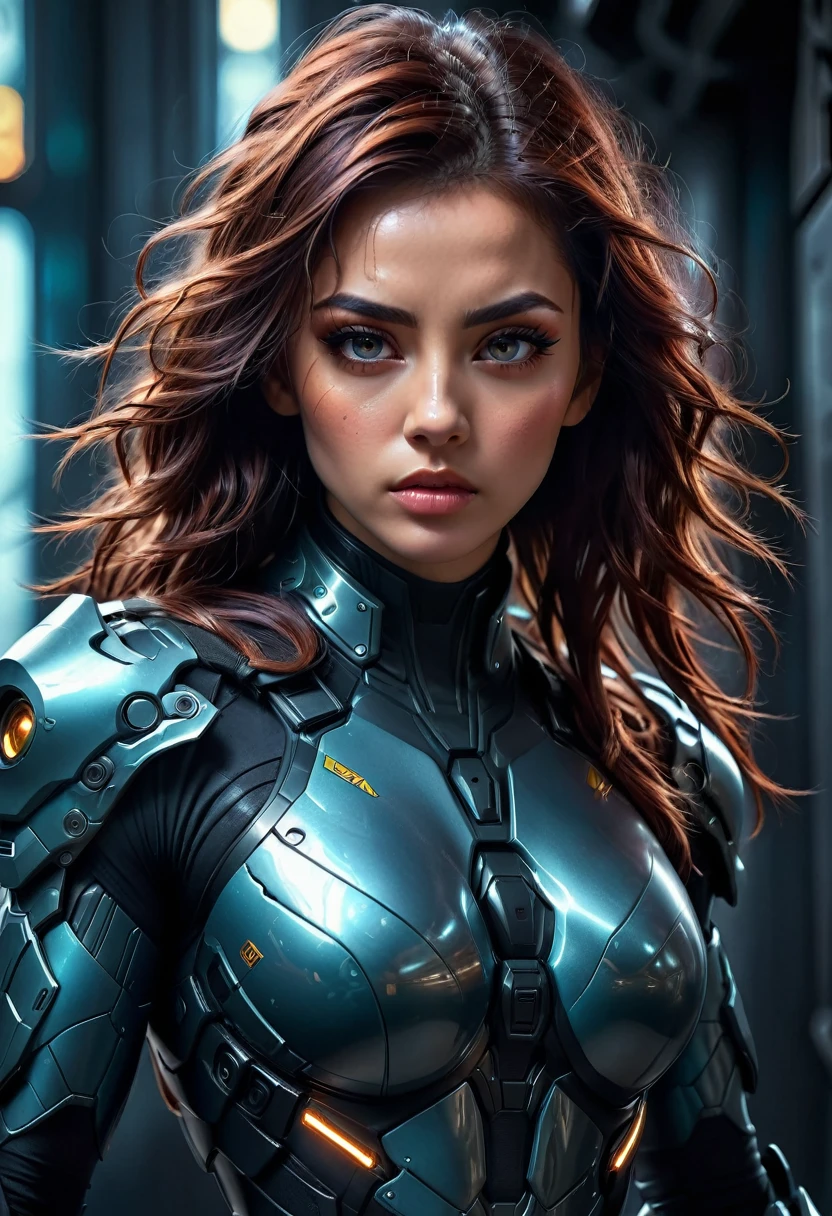 Tight Combat Suit, a woman in a tight combat suit, intricate futuristic body armor, highly detailed facial features, beautiful eyes, sharp nose, full lips, long eyelashes, muscular athletic body, dynamic action pose, dramatic lighting, cinematic composition, muted color palette, dark shadows, moody atmosphere, hyper realistic, 8k, 3d render, concept art, science fiction