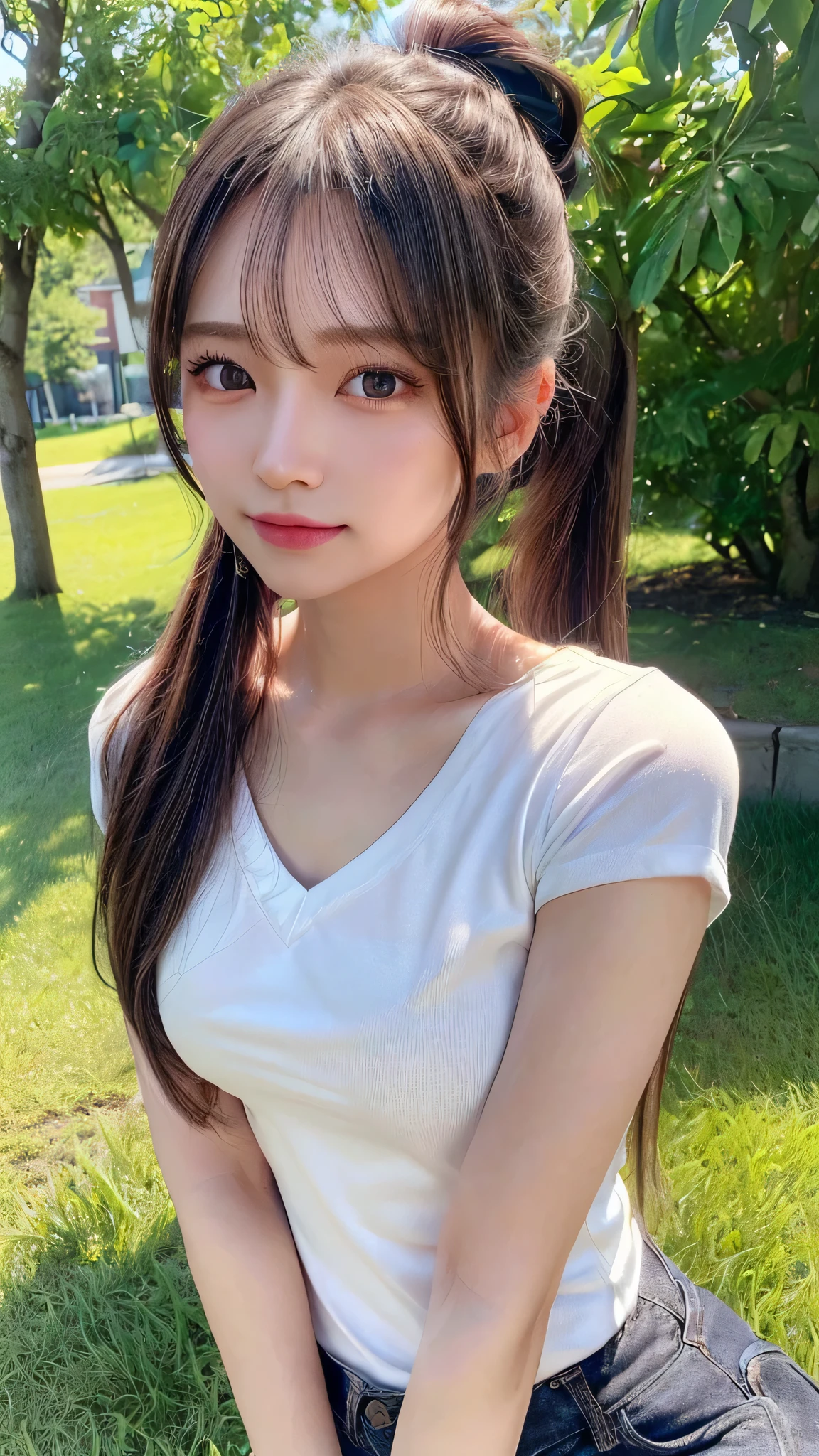 Black Bra,White T-shirt and jeans,outdoors,Urban Park,On the lawn,The straps of the Black Bra are visible.,Outdoor,Close-up of face,Outdoor,Blushing,Facing forward,,Long hair ponytail,((8K, Raw photo, Best Quality, Mastepiece:1.2), (Realism, Photorealistic:1.4), (Highly detailed 8k wallpaper), Depth of written boundary, Cinematic Lighting, Soft Light, Detailed Beauty Eye,Shiny and smooth light brown ponytail, Asymmetrical bangs, Shiny skin, Ultra-detailed skins ,It is high resolution., High detail, Detailed hairstyle, Detailed facial beauty, Hyper-realistic, Perfect limbs, Perfect Anatomy ,1 Japanese girl,Famous Japanese Idols, Perfect female body,A shy smile,Short eyelashes,Double-edged eyelids,Look straight here,Hair style: ponytail,