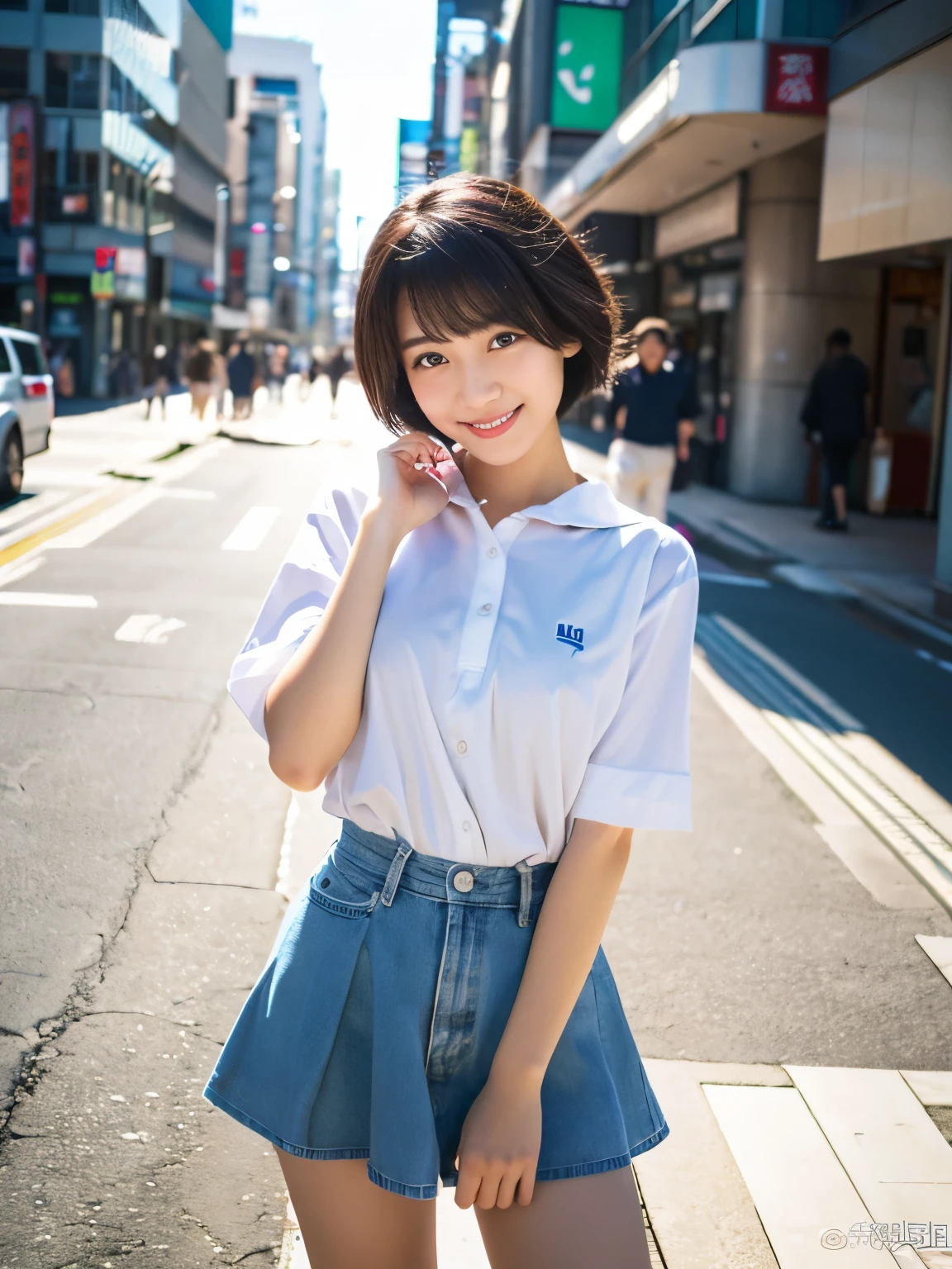 ultra best quality、masterpiece、超hight resolution、depth of fields、(Photorealsitic:1.4)、(awardwinning photo、incredible masterpiece:1.3) 、Raw photography、the golden ratio、the Extremely Detailed CG Unity 8K Wallpapers、Detailed and complex、Original、hight resolution、Raw foto、(perfect body type)、Detailed and complex、Digital SLR、softlighting、(background person blur:1.1)、SIGMA 85 mm F/1.4、50mm Lenac lighting、nffsw、hyper realstic、Color Grade、dynamicposes、Portrait Break、 solo、short-hair:1.4、girl with、Super beauty、(Full body like:1.2)、japanese bodybian、solo)、thighs gap、A smile:1.4、University、cute little high school girl、short-cut、Detailed Realistic、Skin Texture、(realistic human skin texture)、Front view View viewer、natural soft light、Daytime、in a street、deep-shadows、cute little、21 years old BREAK、 a street、The state of the store、akihabara、Shinjuku、with no people、(akihabara:1.2)
