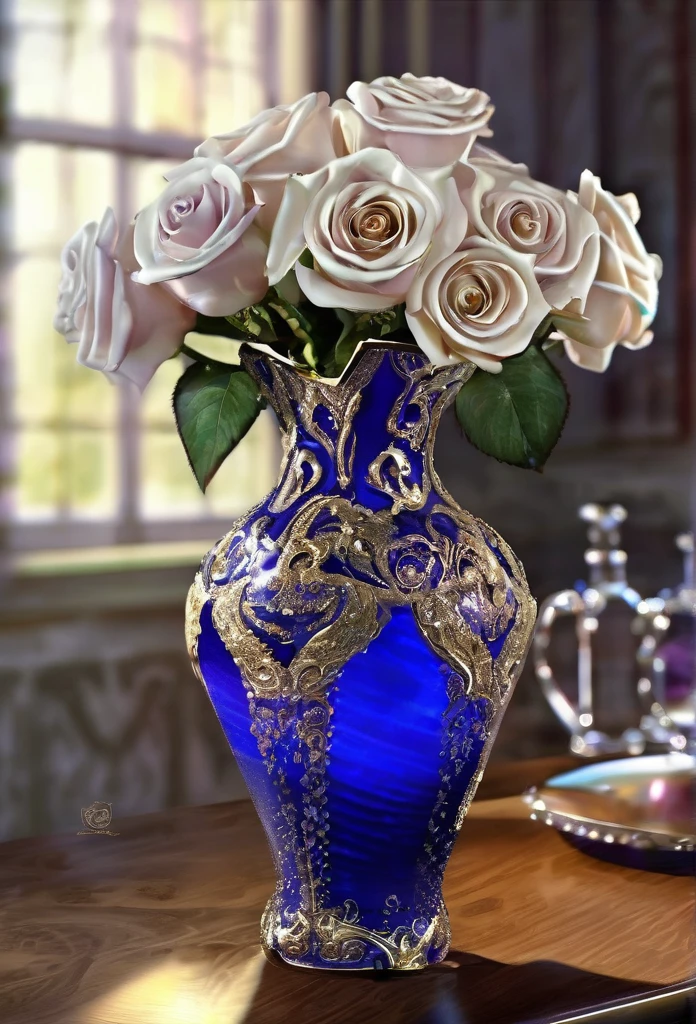 [A 4D Cobalt Blue Translucent Large Vase with intricate patterns glistening in a lavender color], (a flawless white rose in Pure 24kt Gold sits inside with Beautiful Diamonds beneath it, bright, contoured, beveling, mirroring: Highlight features: 1.3),
(RAW photo, 16k, masterpiece, best quality: 1.2), (ultra realism, hyper detailed and intricate realism: 1.3), (wide depth of field, radiant mapping, ray tracing, god rays: 1.2), resting on a wood plank table in  an elaborate environment, High dynamic range, vivid, rich details, clear shadows and highlights, realistic, intense, enhanced contrast,