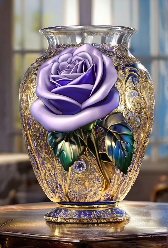 [A 4D Cobalt Blue Translucent Large Vase with intricate patterns glistening in a lavender color], (a flawless white rose in Pure 24kt Gold sits inside with Beautiful Diamonds beneath it, bright, contoured, beveling, mirroring: Highlight features: 1.3),
(RAW photo, 16k, masterpiece, best quality: 1.2), (ultra realism, hyper detailed and intricate realism: 1.3), (wide depth of field, radiant mapping, ray tracing, god rays: 1.2), resting on a wood plank table in  an elaborate environment, High dynamic range, vivid, rich details, clear shadows and highlights, realistic, intense, enhanced contrast,