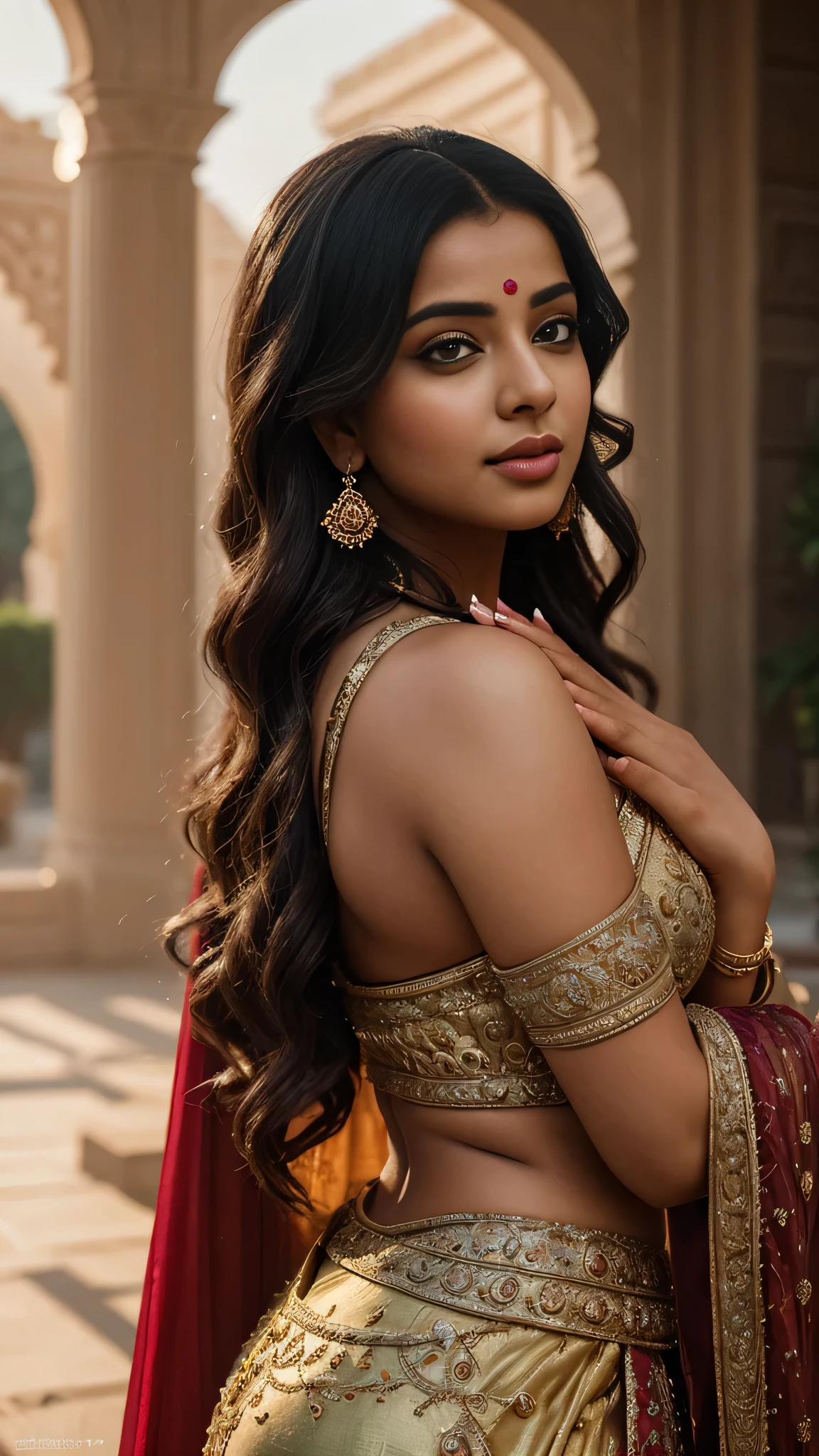 Young 24 year old Indian girl, offering pooja in temple, morning, detailed body, detailed face, ultra realistic, charming, cute, big hazel eyes with long curly hair, ambient lighting, winter, detailed background, 8k