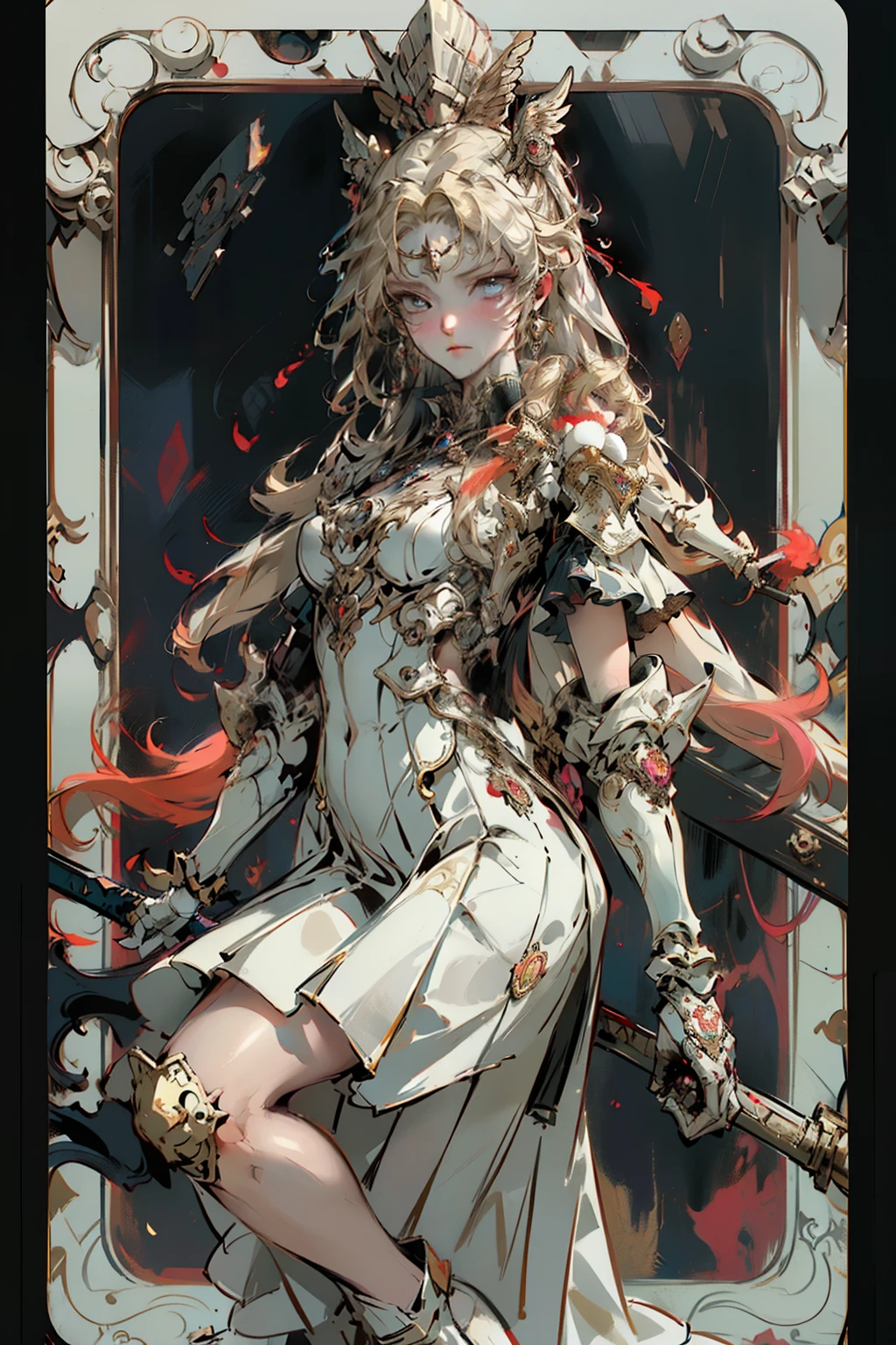 ((best quality)), ((masterpiece)), (detailed), perfect face official art, unity 8k wallpaper, ultra detailed, beautiful and aesthetic, masterpiece, best quality, (zentangle, mandala, tangle, entangle), (fractal art:1.3) , 1girl, extremely detailed, dynamic angle, cowboyshot, the most beautiful form of chaos, elegant, a brutalist designed, vivid colours, romanticism, Bloodborne inspired,  occult aesthetic, occult, detailed and intricate steampunk and detailed gothic, NSFW, Very dramatic and cinematic lighting, cosmic horror, grim-dark, side-lighting, perfect face, a beaituful goddess valkyrie adorned and enshrined in armour, Bloodborne inspired valkyrie, occult aesthetic valkyrie, occult valkyrie, detailed and intricate steampunk and detailed gothic valkyrie, wielding a sword and holding a shield, NSFW, Fluttering lace flared long knee length dress with frilly petticoats, knee length dress, pleated petticoats, lolita dress, petticoats gothic lolita, side-lighting, gothic lolita aesthetic, beautiful small breasts, small breasts, full body, whole body, body, NSFW, full body, whole body, head-to-toe, Vivid colors, detailed armor, engraved metallic armor white and black with gold ascents , intricate designs on the armor, intricate armor engravings, imposing and powerful stance, fierce , flowing hair, dynamic pose, intense battle scene, fantasy setting, vibrant colors, dramatic lighting, epic atmosphere, mythical creatures in the background, magical effects surrounding the sword, attention to anatomy and facial features, iconic use of highlights and shadows, capturing emotion, masterful composition, portraying strong female characters, tarot cards，Full tarot border，(The image is surrounded by a tarot card-style border:1.8), （1 Men 1.5），Hades，The Grim Reaper armed with a giant scythe,（Wearing：black toga，），Fire-breathing eyes，angry look，(Hairstyles: Red curls，)，Beard, Roman mythology，8k wallpaper,finely quality eyes，Right eyes，correct hand， Ultra-detailed, Beautiful and aes