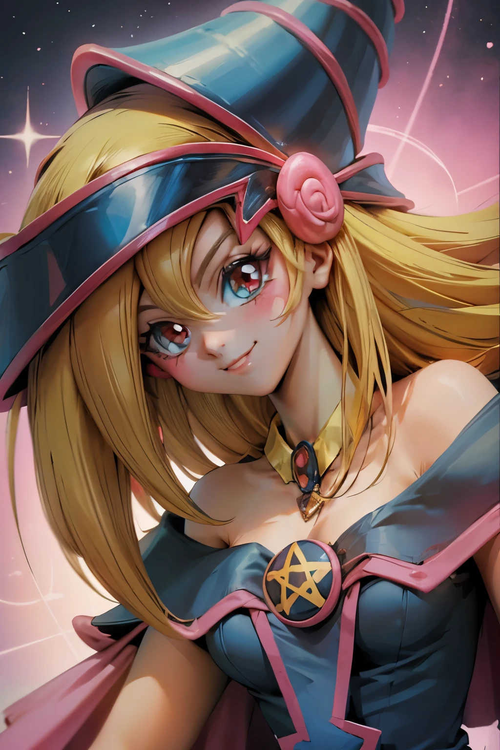 Crea el hermoso rostro de dark magician gils. Ojos azules. Labios rosados. Tes blanca. Cabello rubio. girl smile. Hombros destapados. Collar en el cuello. Rostro de dark magician gils 