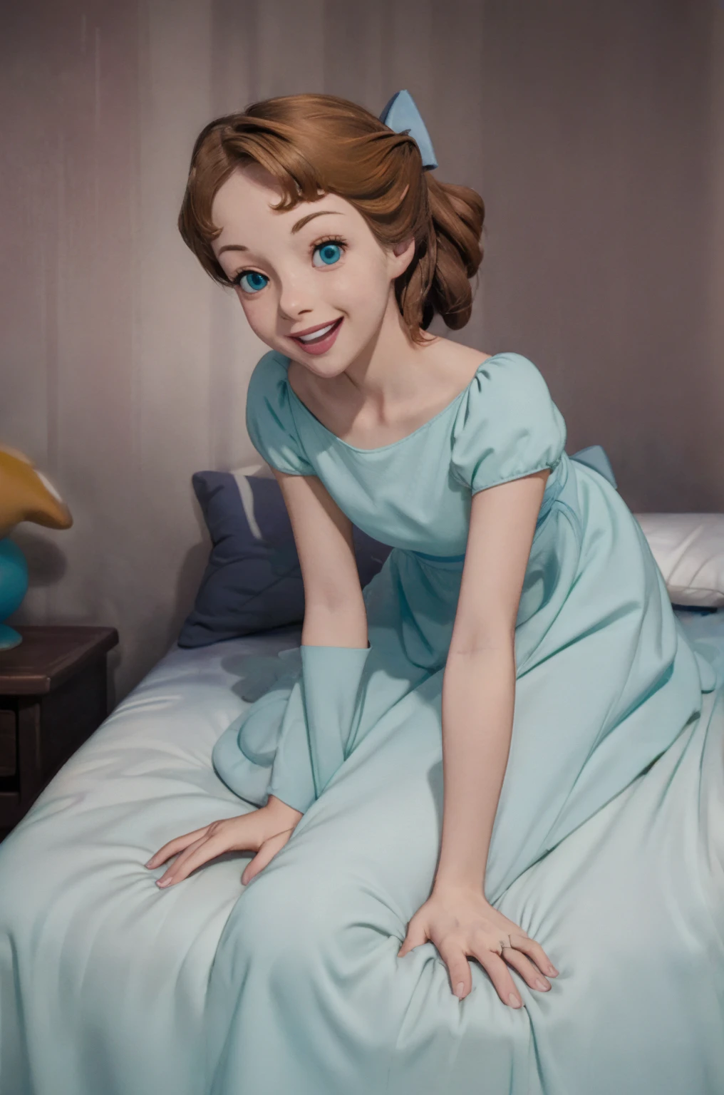 (masterpiece:1.4), (best qualit:1.4), (high resolution:1.4), wendy darling, bow, nightgown, sitting on bed, smiling, 