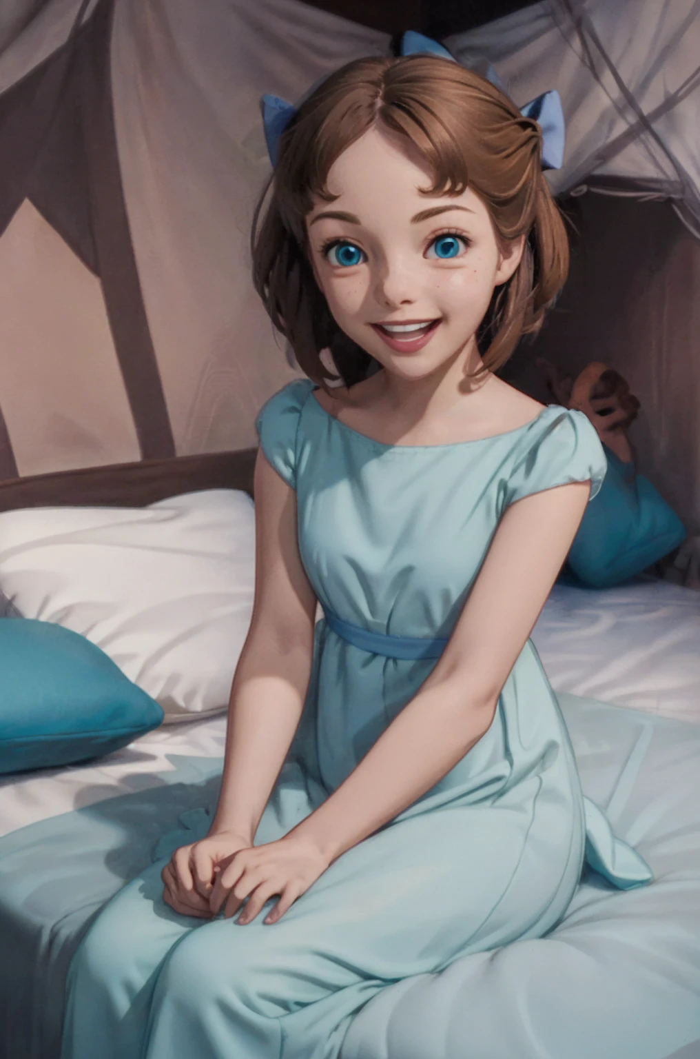 (masterpiece:1.4), (best qualit:1.4), (high resolution:1.4), wendy darling, bow, nightgown, sitting on bed, smiling, 