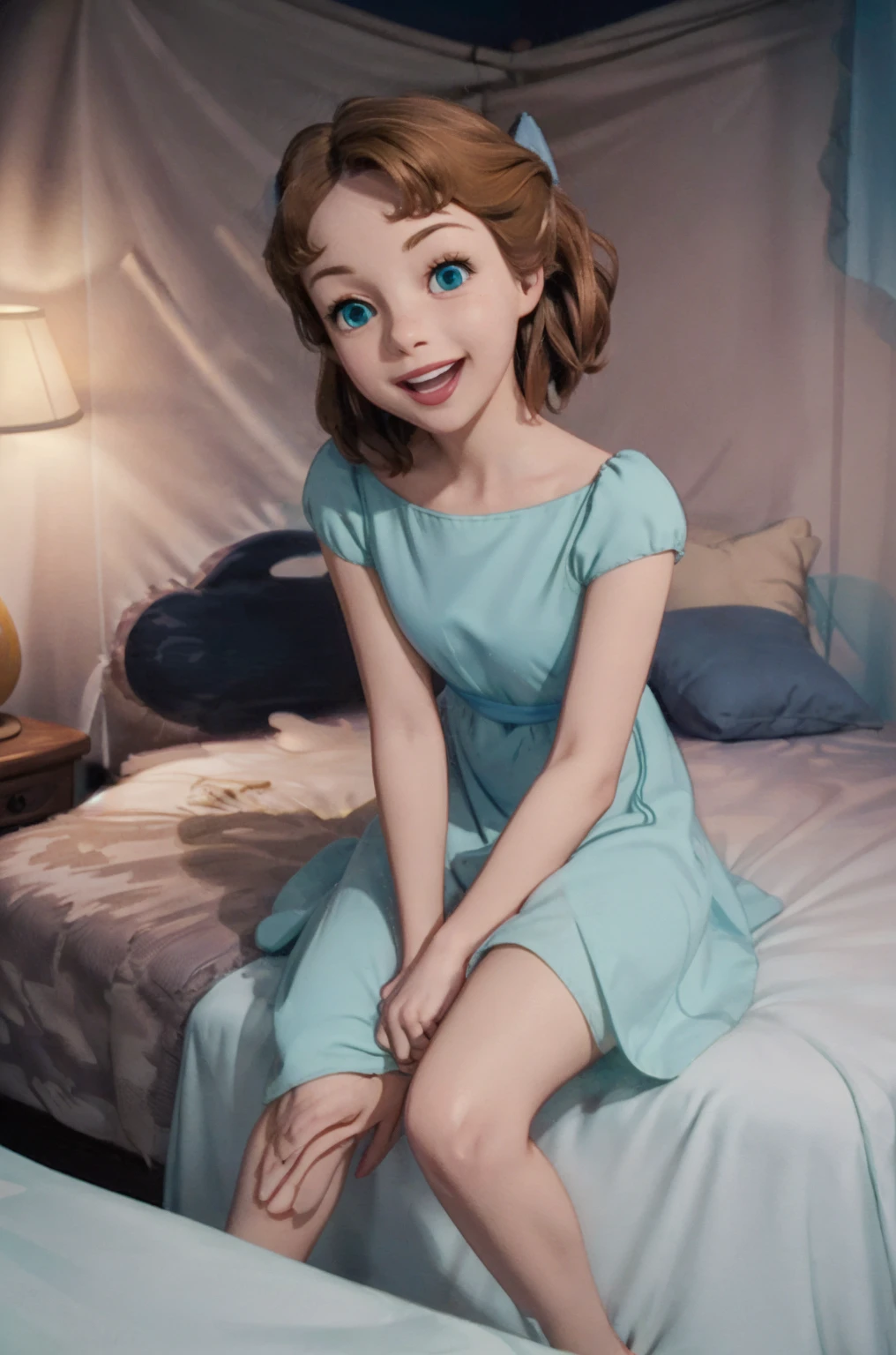 (masterpiece:1.4), (best qualit:1.4), (high resolution:1.4), wendy darling, bow, nightgown, sitting on bed, smiling, 