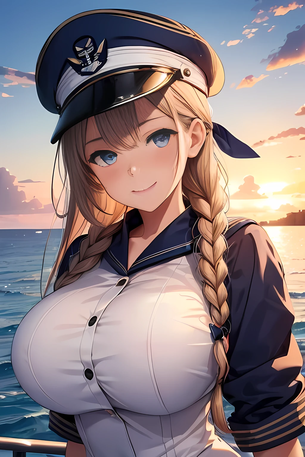 (High quality, High resolution, Fine details), Realistic, (navy), Sail ships, prow, Sunset, Sparkling water, white clouds, Solo, Slim woman, navy sailor hat, navy blue sailor uniform, Braided hair, Sparkling eyes, (Detailed eyes), Smile, Sweat, Oily skin, covered gigantic breasts, Hi3GB