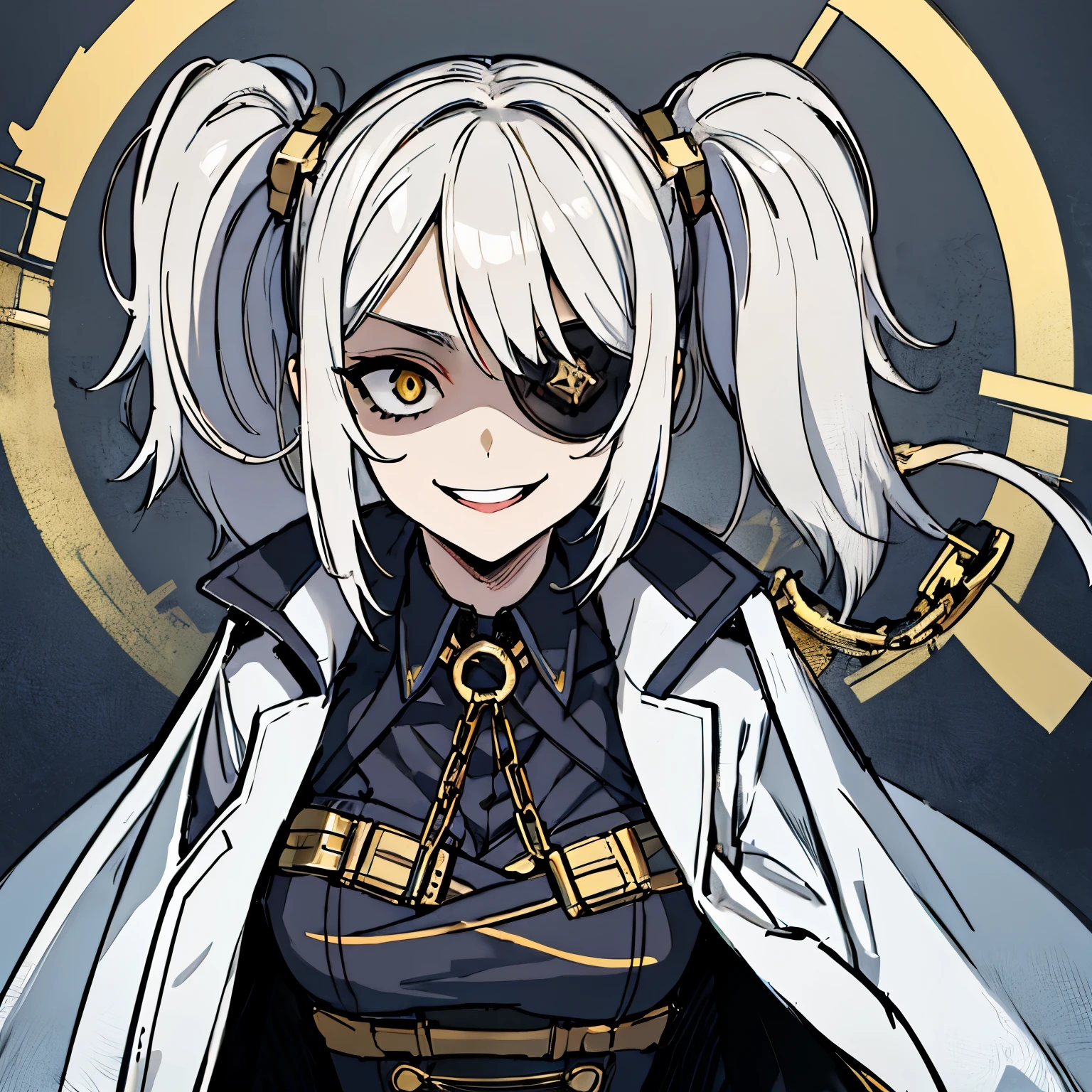 (absurdres, 8k, 4k, masterpiece, hyper extreme detailed:1.2), solo, 1girl, front view, perfect face, 1girl, portrait, expressive eyes, solo, standing, Female, girl with goggles and a chain around her neck, cyber goggles, victorian goggles, round goggles, goggles, cyberpunk monocle!, goggle eyes, steampunk googles, steampunk goggles, wearing victorian brass goggles, weak, female, small breasts, pale, cream colored hair, long hair, gold eyes, swept bangs, slim, slender, intelligent, genius, mad scientist, twin tails, Inventor, confident, perfect anatomy, futuristic, fingerless gloves, chest harness, pervert, half body, lab coat, belts, happy face, happy eyes, happy smile, 1girl, futuristic, labcoat, white hair, mature, adult, attractive, skirt, hologram, monocle,  wide smile, jovial, poofy twin tails, big hair, tesla coil, evil. criminal, shaded face, insane, scary, menacing, malicious, shadows, nighttime, experiment,