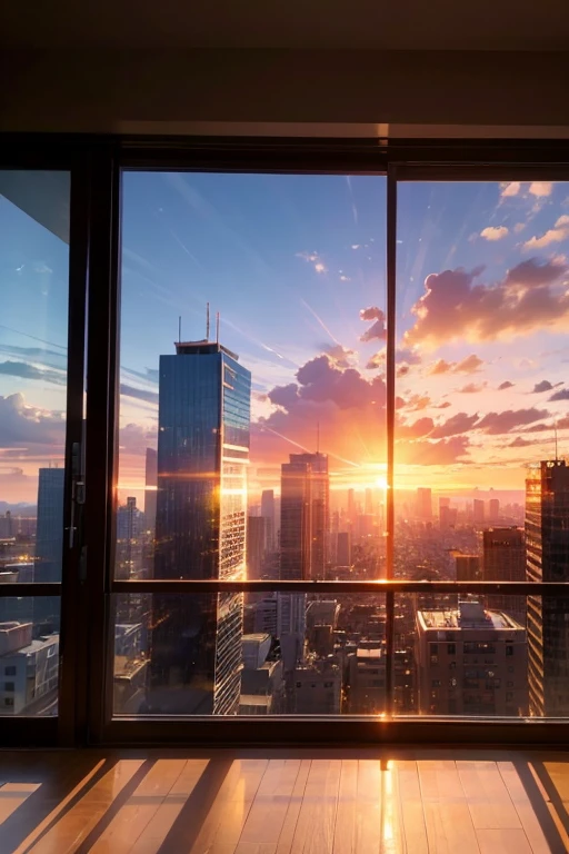 (8K), (Best Quality), (Mastepiece: 1.2) Sunset landscape, sunset,Visible from the window, Spartan room、(With a collapsing city as a backdrop)