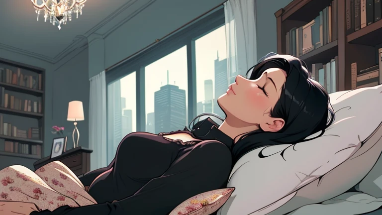 Beautiful woman in her 30s with black hair is Lying in bed with her eyes closed. Looking up, eyes closed, LOFI girl, alone in the room, blouse, cozy wallpaper, big cushion, bookshelf, beautiful flowers, relaxing mood, night core, cozy, wide glass window with skyscrapers, outside view at night, only five fingers,Long legs,