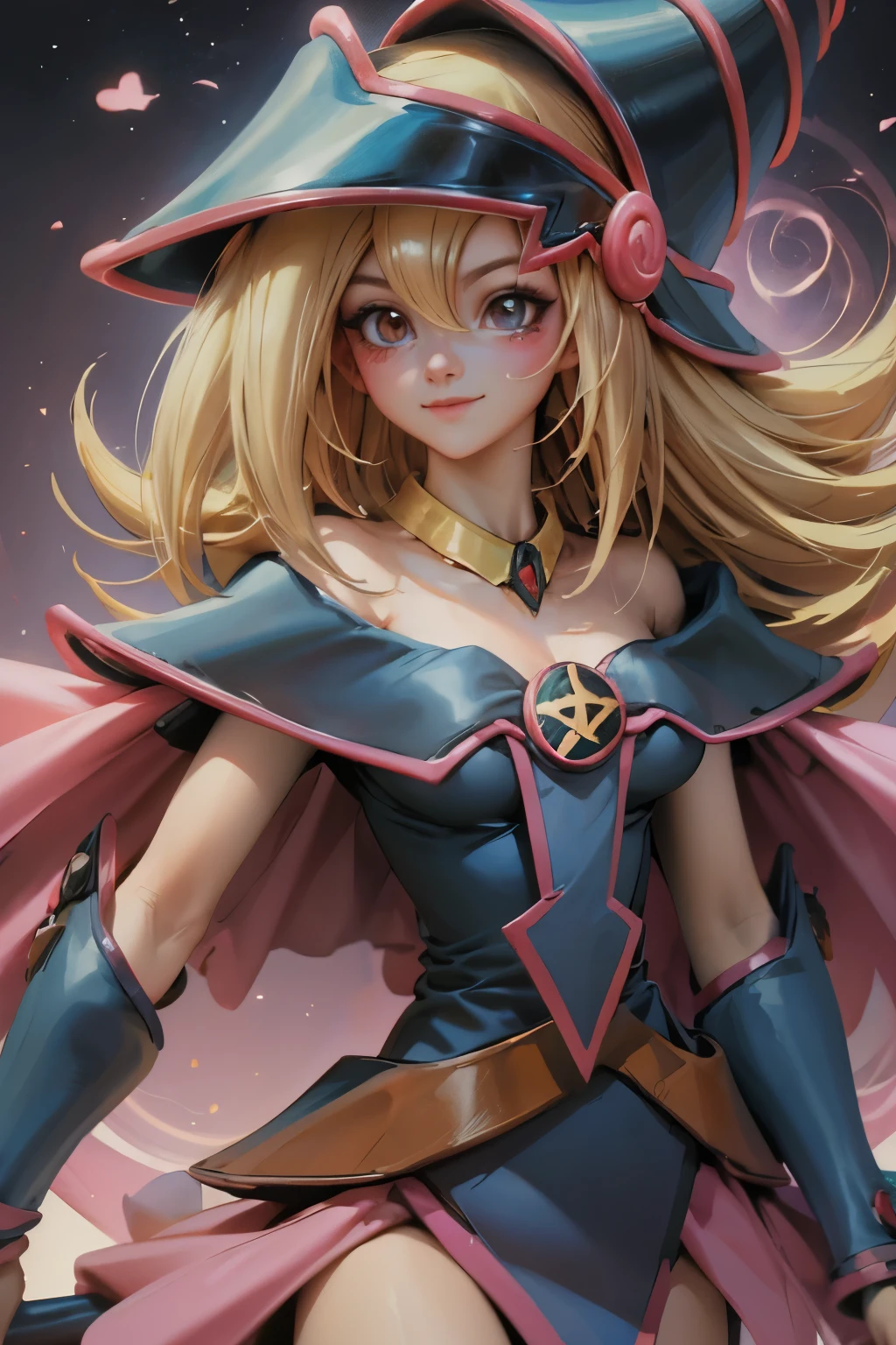 Crea el hermoso rostro de dark magician gils. Ojos azules. Labios rosados. Tes blanca. Cabello rubio. girl smile. Hombros destapados. Collar en el cuello. Rostro de dark magician gils 