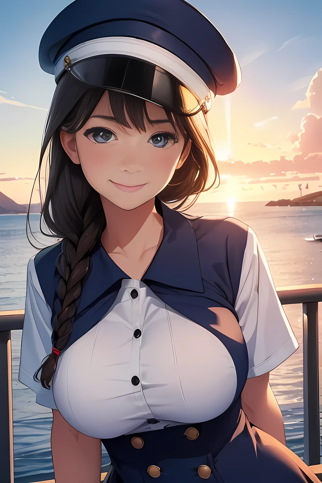 (High quality, High resolution, Fine details), Realistic, (navy), Sail ships, prow, Sunset, Sparkling water, white clouds, Solo, Slim woman, navy sailor hat, navy blue sailor uniform, Braided hair, Sparkling eyes, (Detailed eyes), Smile, Sweat, Oily skin, covered gigantic breasts, Hi3GB