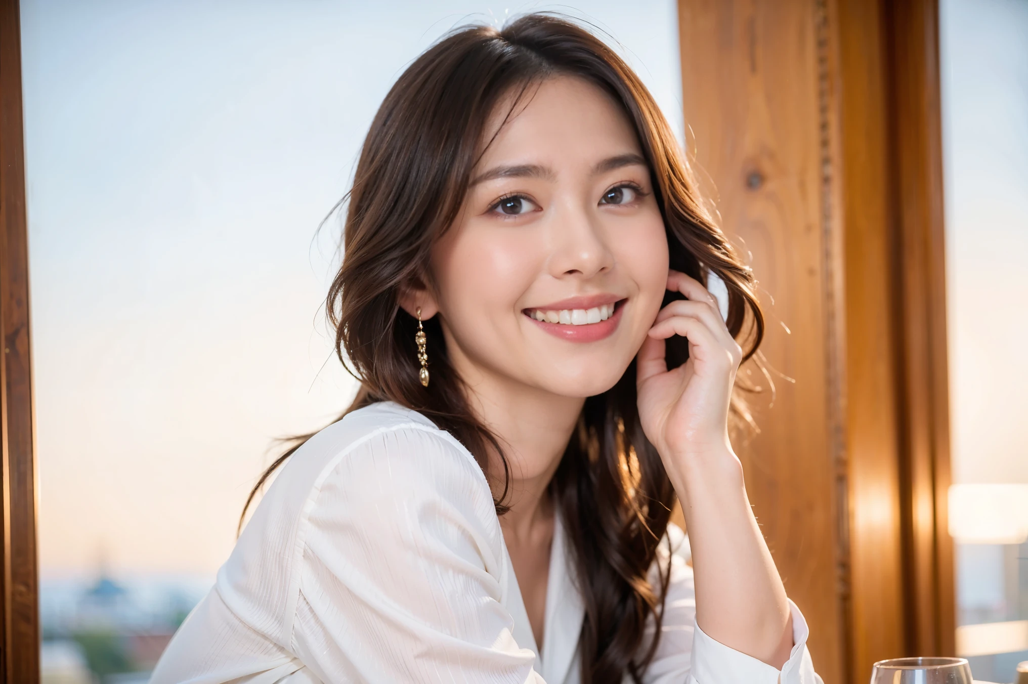((highest quality、8k、masterpiece:1.3))、Sharp focus:1.2、Beautiful woman perfect body:1.4、slimなボディ、((Bob Hale、Straight hair:1.2))、(to be born, highest quality, masterpiece:1.5), (Realistic, Intricate details:1.2), Ultra-high resolution, Shine light on your face、Amazing view of the sunset sky and clouds、Amazing mountain views、ニコニコ明るいsmile、wine glass、red wine 、Appetizers、Italian food、Wine bottle、Champagne、sparkling wine、, Beautiful Face, blue eyes, The light shines on your face, Blushing, short hair,Bright Face、Fox face、 (36 years old), 39 years old, Lady、Two beauties、Brown Hair、Shortcuts、Long sleeve shirt、dress、Pretty Woman 1, (slimな顔), (The body is slim), (Brown Hair), (Shortcuts), cheeks turn a little red,Attractive beauty、, Out of the window, A beautiful and detailed night view unfolds.........., restaurant, In a prominent place (From the waist up) Nova Frog Style, actress, model, Upper Body, White wine, slim, wine glass, 真ん中に置かれたwine glass, smile, (smile: 1.15), Beautiful fine grain, Depth f/2,saturation, High Contrast, Strong light and shadow,Moist Body:1.5、3D texture、Delicate eyes、Brown Hair、The hair is very shiny、