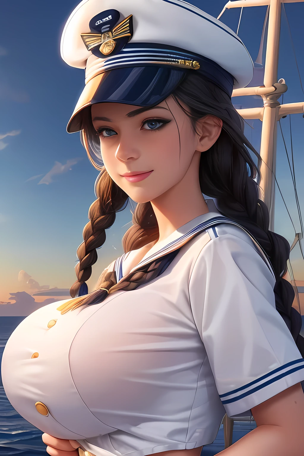 (High quality, High resolution, Fine details), Realistic, (navy), Sail ships, prow, Sunset, Sparkling water, white clouds, Solo, Slim woman, navy sailor hat, navy blue sailor uniform, Braided hair, Sparkling eyes, (Detailed eyes), Smile, Sweat, Oily skin, covered gigantic breasts, Hi3GB
