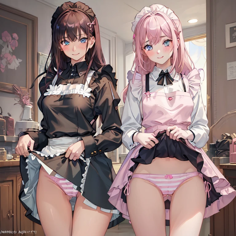 highest quality, masterpiece, ((2 girls:1.5)), ((smile:1.3)), (blush:1.3), Black Shirt, blouse, ((fun!!)), (Small breasts), Blonde, (Long sleeve), ((White apron:1.5)), ((Maid)), ((hair ornaments)), Kamimei, look at me, ((in house:1.5)), Taking a break from watching the audience, Cowboy Shot, (skirtlift:1.3), (Highly detailed pink striped panties:1.3), (Highly detailed panties:1.3), (skirt that rolls up:1.3), (Panties fully exposed:1.5), Light blue eyes, long hair, Glowing Eyes