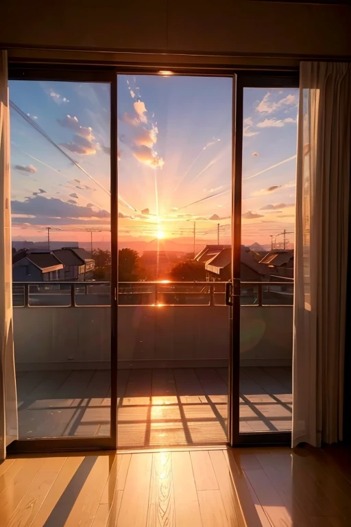 (8K), (Best Quality), (Mastepiece: 1.2)　Sunset landscape, sunset，Visible from the window, Spartan room、（With barracks in the background）