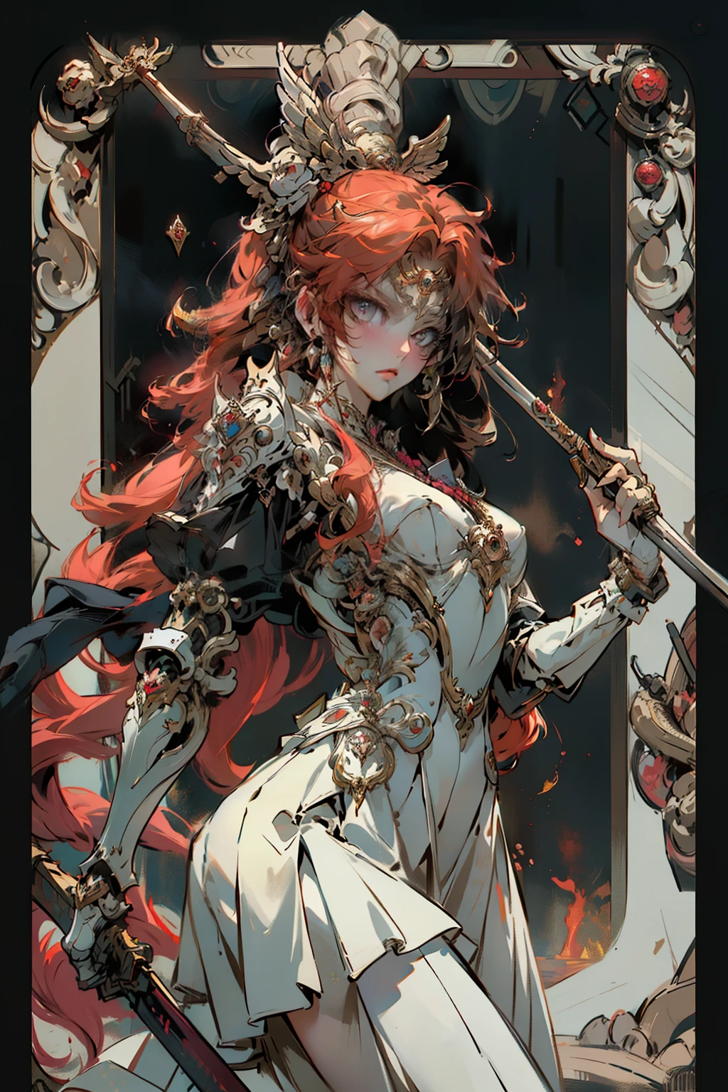((best quality)), ((masterpiece)), (detailed), perfect face official art, unity 8k wallpaper, ultra detailed, beautiful and aesthetic, masterpiece, best quality, (zentangle, mandala, tangle, entangle), (fractal art:1.3) , 1girl, extremely detailed, dynamic angle, cowboyshot, the most beautiful form of chaos, elegant, a brutalist designed, vivid colours, romanticism, Bloodborne inspired, occult aesthetic, occult, detailed and intricate steampunk and detailed gothic, NSFW, Very dramatic and cinematic lighting, cosmic horror, grim-dark, side-lighting, perfect face, a beaituful goddess valkyrie adorned and enshrined in armour, Bloodborne inspired valkyrie, occult aesthetic valkyrie, occult valkyrie, detailed and intricate steampunk and detailed gothic valkyrie, wielding a sword and holding a shield, NSFW, Fluttering lace flared long knee length dress with frilly petticoats, knee length dress, pleated petticoats, lolita dress, petticoats gothic lolita, side-lighting, gothic lolita aesthetic, beautiful small breasts, small breasts, full body, whole body, body, NSFW, full body, whole body, head-to-toe, Vivid colors, detailed armor, engraved metallic armor white and black with gold ascents , intricate designs on the armor, intricate armor engravings, imposing and powerful stance, fierce , flowing hair, dynamic pose, intense battle scene, fantasy setting, vibrant colors, dramatic lighting, epic atmosphere, mythical creatures in the background, magical effects surrounding the sword, attention to anatomy and facial features, iconic use of highlights and shadows, capturing emotion, masterful composition, portraying strong female characters, tarot cards,Full tarot border,(The image is surrounded by a tarot card-style border:1.8), (1 Men 1.5),Hades,The Grim Reaper armed with a giant scythe,(Wearing:black toga,),Fire-breathing eyes,angry look,(Hairstyles: Red curls,),Beard, Roman mythology,8k wallpaper,finely quality eyes,Right eyes,correct hand, Ultra-detailed, Beautiful and aes