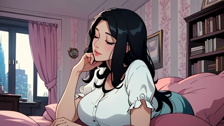 Beautiful woman in her 30s with black hair is Lying in bed with her eyes closed. Looking down, eyes closed, LOFI girl, alone in the room, blouse, cozy wallpaper, big cushion, bookshelf, beautiful flowers, relaxing mood, night core, cozy, wide glass window with skyscrapers, outside view at night, only five fingers,Long legs,