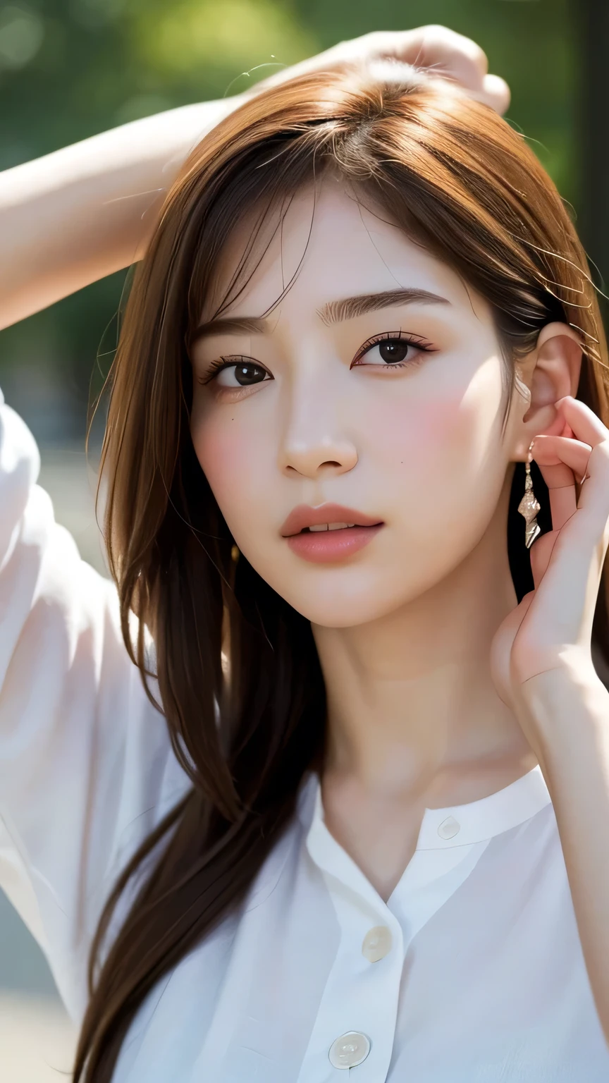 (8ก, highest quality: 1.2), Very detailed, A complete solution, (Realistic, Realistic photo: 1.37), Portraiture, High resolution RAW color photograph, Arrested at work, High resolution and beautiful, High resolution, 8ก Image Wallpaper, Amazing details, Large file size, Very detailed美しい女の子, Very detailed face, Finely defined eyes, Fine skin., All features are clearly displayed., The contours of the fingers are perfectly shaped.., The nose shape is correct., expressive lips, Perfect Anatomy, The background is not blurred, One Story, (20:1.2), 20th Generation, pretty girl, Realistic、The upper body is also visible、The upper body is visible