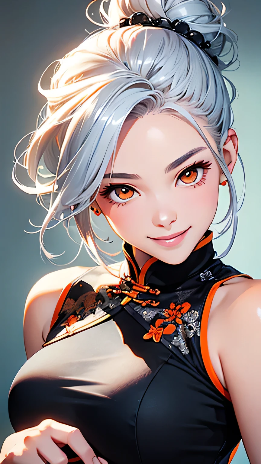 highest quality、Realistic、Women、zoom、cute、Orange Eyes、Silver Hair、Bun Hair、Sleeveless cheongsam、smile、Looking down、smile、Bust Shot、　
