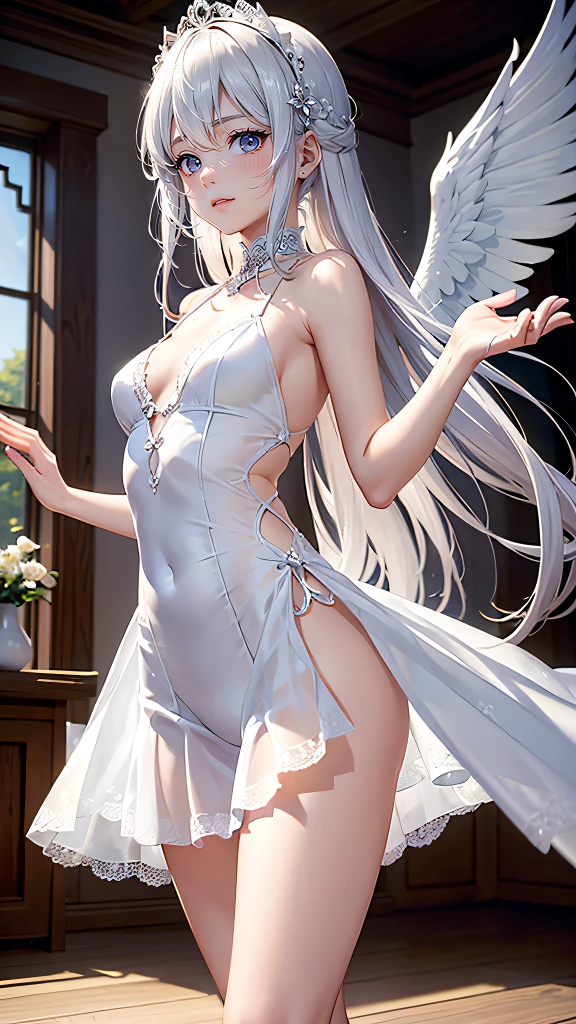 masterpiece,Best quality,Ultra-high resolution,Super rich detail,High-quality characters,High contrast,Exquisite facial features,8k,Detailed light and shadow,Cool light source,Sweet Type,16-year-old sister style,Close Range,Stand on the wooden floor(1.1),Ombre mid-length hair,Hair accessories,Arms raised,Show your collarbones and armpits(1.1),Shoulder Straps(1.1),Light colored shawl,Slightly transparent dance jumpsuit(1.1),White edge patchwork short pleated skirt(1.1),White pantyhose(1.2),Delicate silver jewelry,Decoration,Transparent silk long gloves,Half light-colored wings(1.1),Soaked(1.1),Slightly blushing shy expression(1.1),Dance studio background,Feathers falling beside me,Light pink light red,
