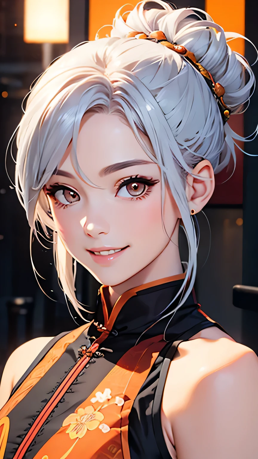 highest quality、Realistic、Women、zoom、cute、Orange Eyes、Silver Hair、Bun Hair、Sleeveless cheongsam、smile、Looking down、smile、Bust Shot、