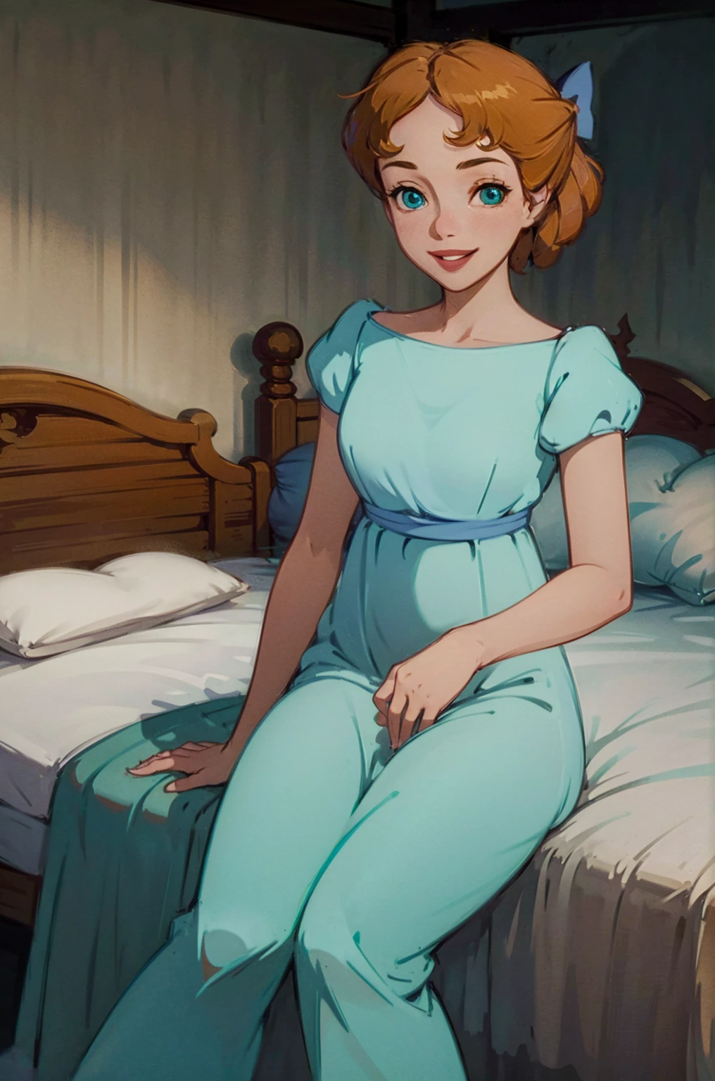 (masterpiece:1.4), (best qualit:1.4), (high resolution:1.4), wendy darling, bow, nightgown, sitting on bed, smiling, 