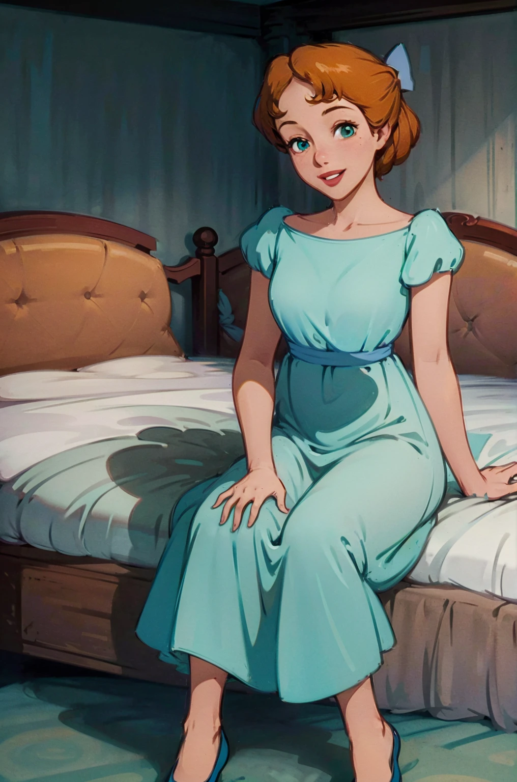 (masterpiece:1.4), (best qualit:1.4), (high resolution:1.4), wendy darling, bow, nightgown, sitting on bed, smiling, 